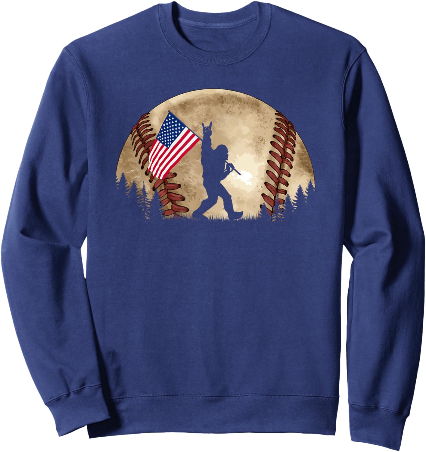 Funny Bigfoot Baseball American Flag Sasquatch Sweatshirt - Sweatshirt | Navy