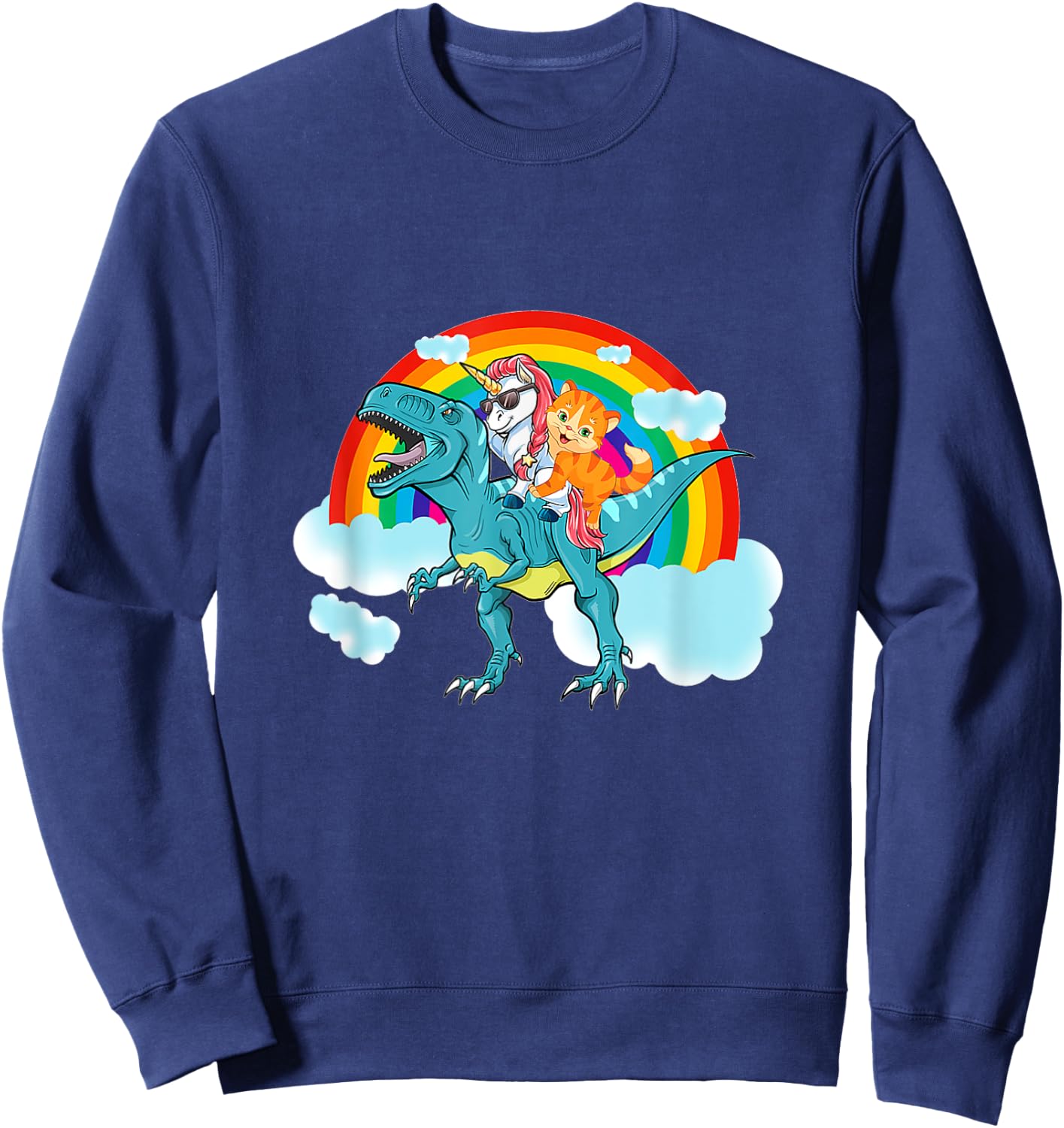 Unicorn Riding Dinosaur Rex Cat Kitten Boys Girls Kids Sweatshirt - Sweatshirt | Navy