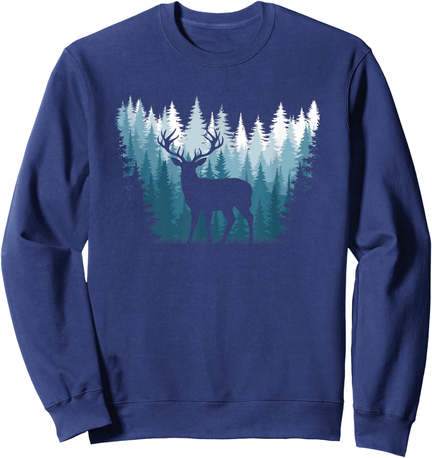 Deer Landscape Pine Tree Forest Nature Graphic Men Women Sweatshirt - Sweatshirt | Navy