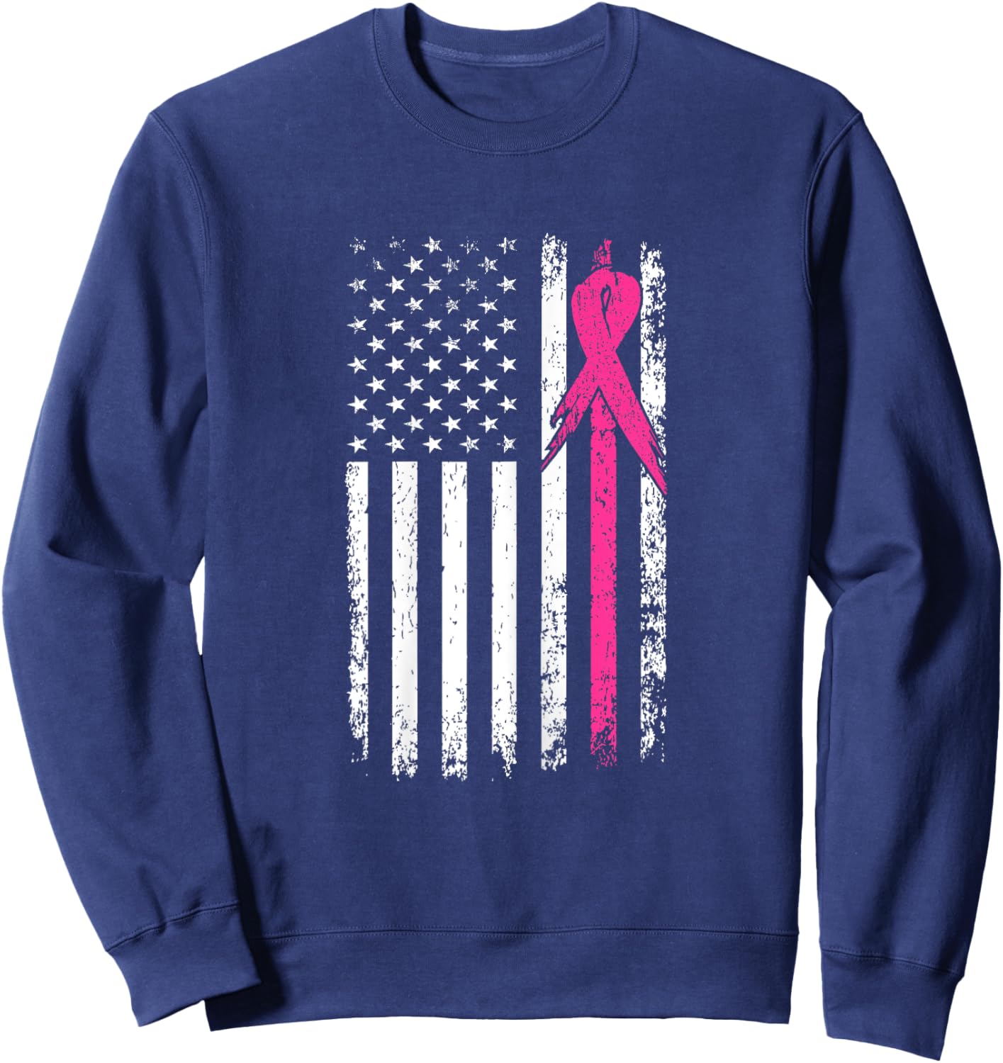 American Flag Pink Ribbon Breast Cancer Awareness Month Women Sweatshirt - Sweatshirt | Navy