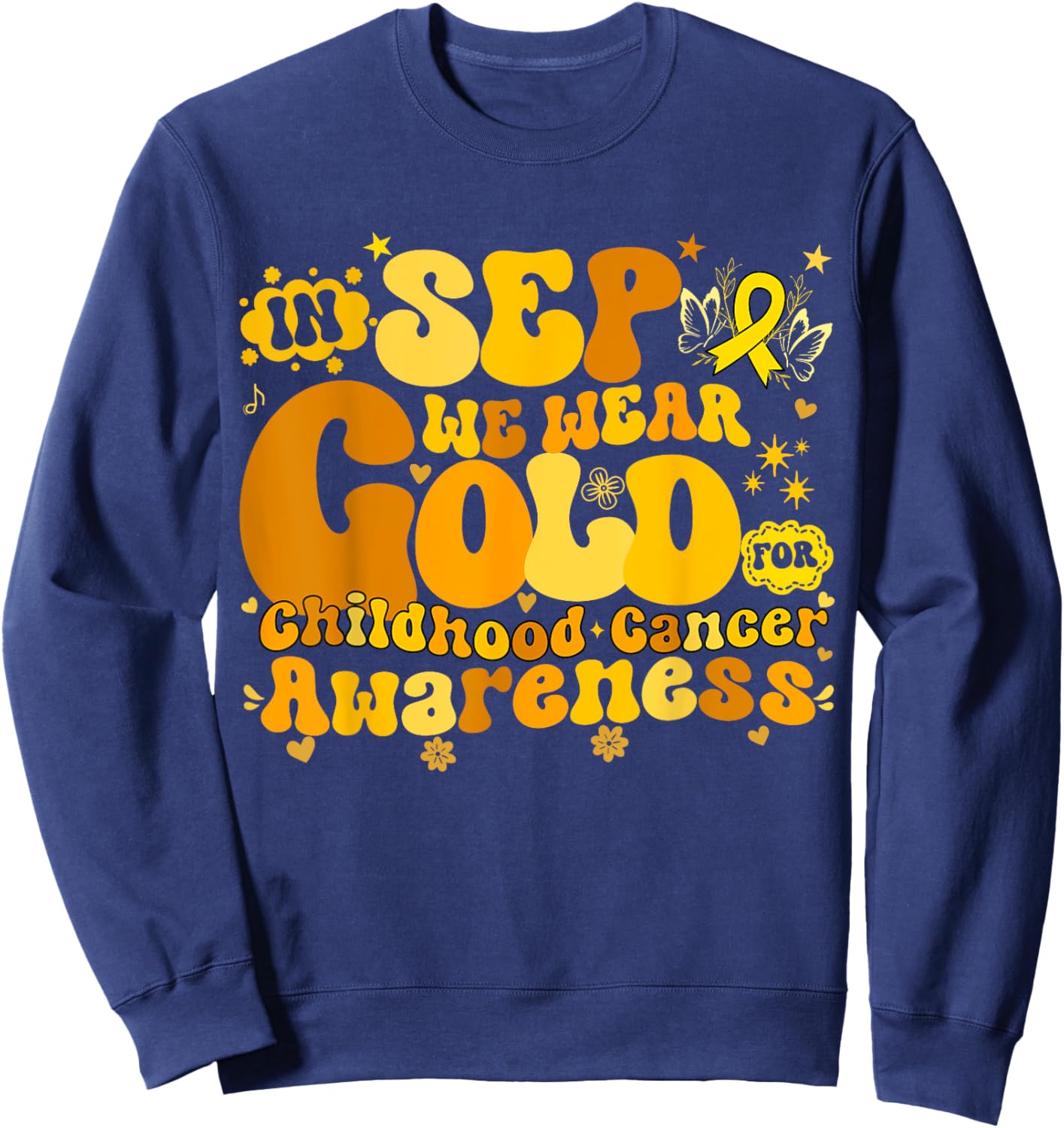 In September We Wear Gold Childhood Cancer Awareness Groovy Sweatshirt - Sweatshirt | Navy