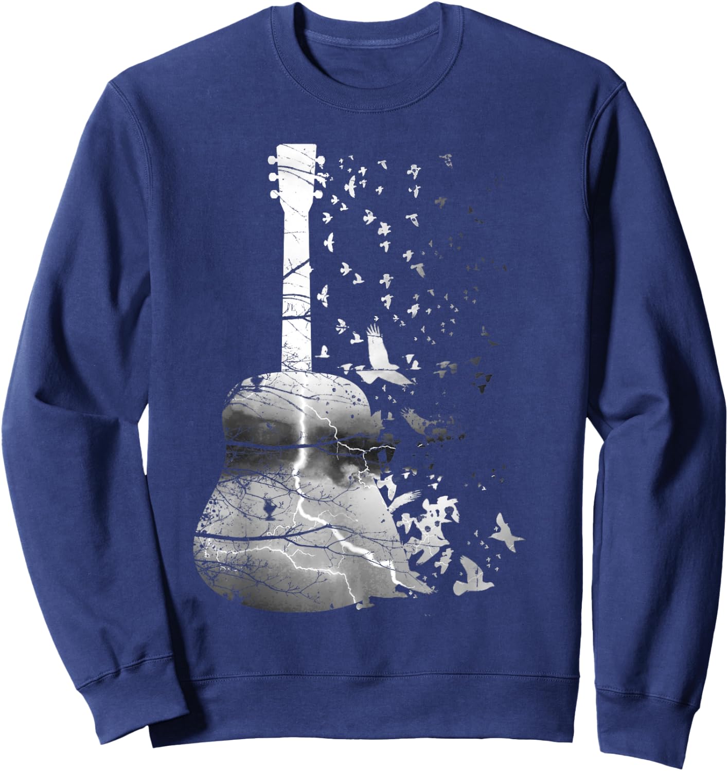 Awesome Nature Guitar Shirt With Tree, Thunder And Birds Sweatshirt - Sweatshirt | Navy