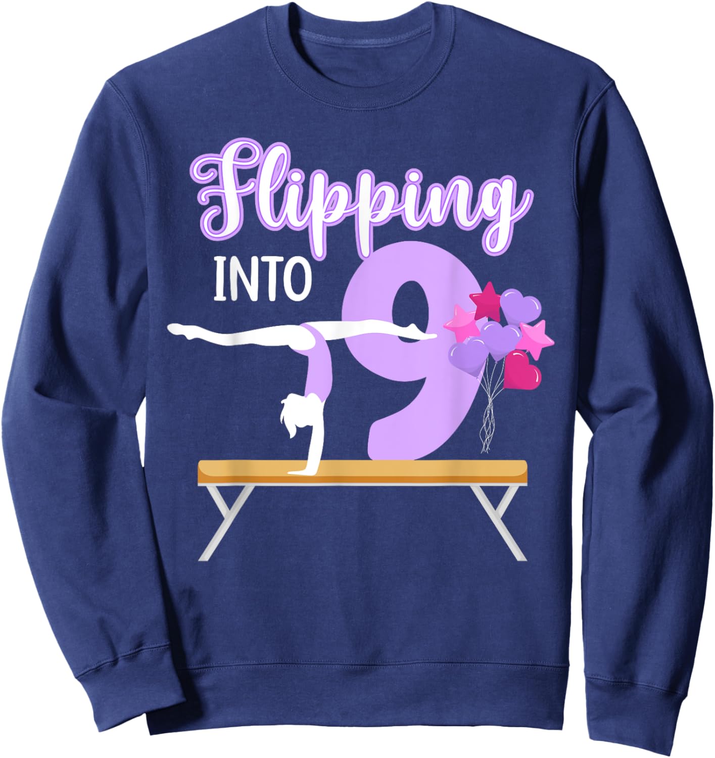 9th Gymnastics Birthday Party Nine Year Old Gymnast Girl Sweatshirt - Sweatshirt | Navy