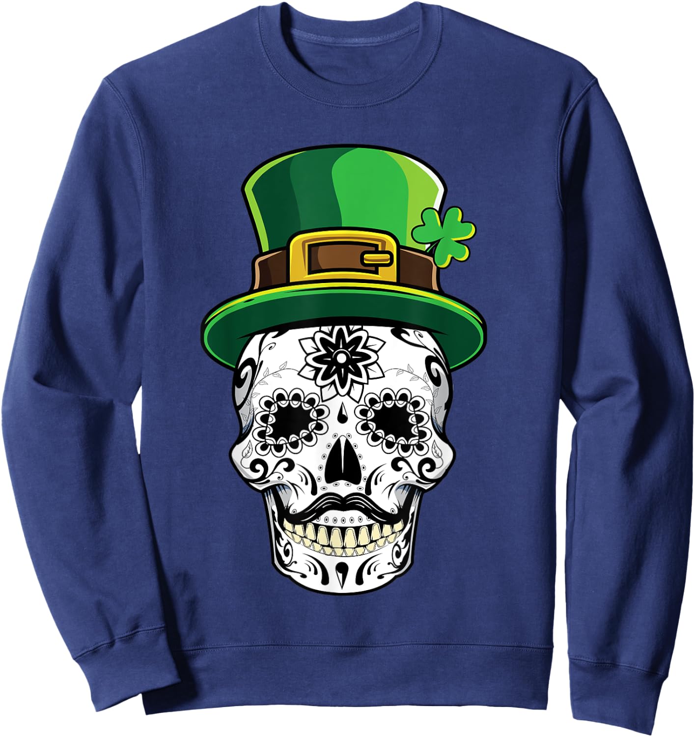 Four Leaf Clover Shamrock Sugar Skull St Patricks Day Gift Sweatshirt - Sweatshirt | Navy