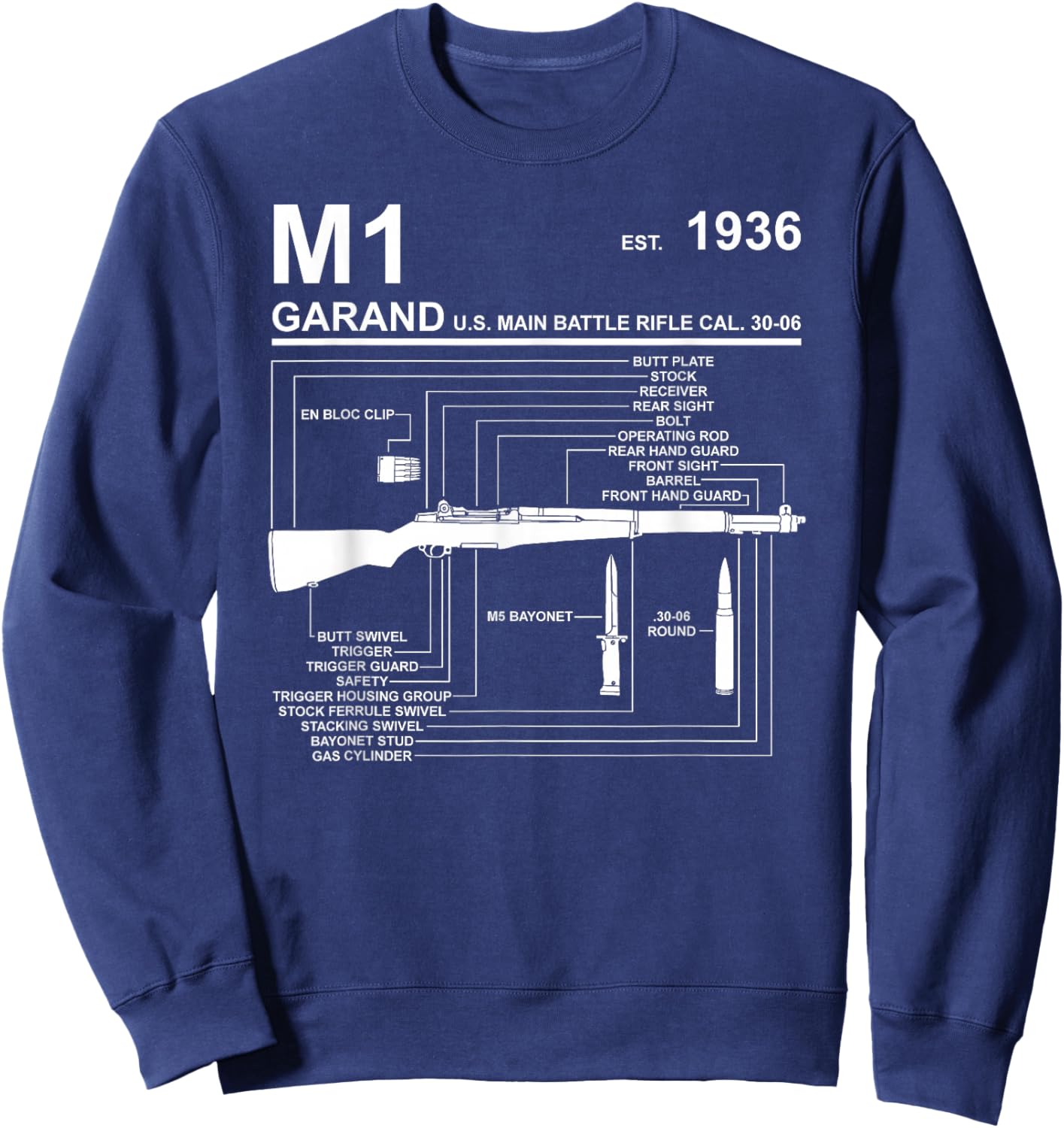 Dinosaurus Rekx M1 Garand Rifle Gun WWII Graphic - Black, , Short Sleeve, Classic Fit, Cotton 65% Polyester 35%, Small Sweatshirt - Sweatshirt | Navy