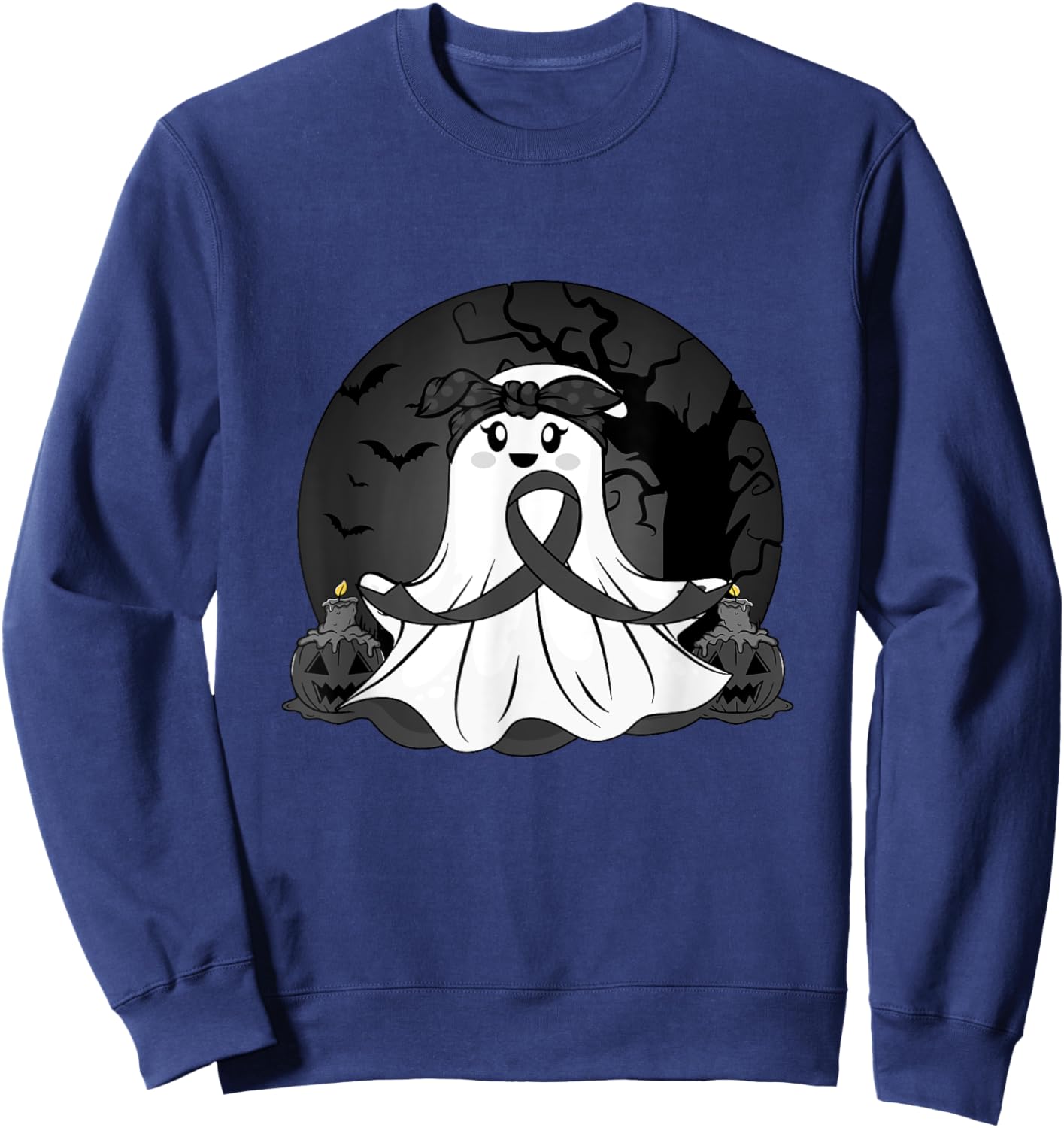 Melanoma Cancer Halloween Ghost Black Ribbon Warrior Month Sweatshirt - Sweatshirt | Navy
