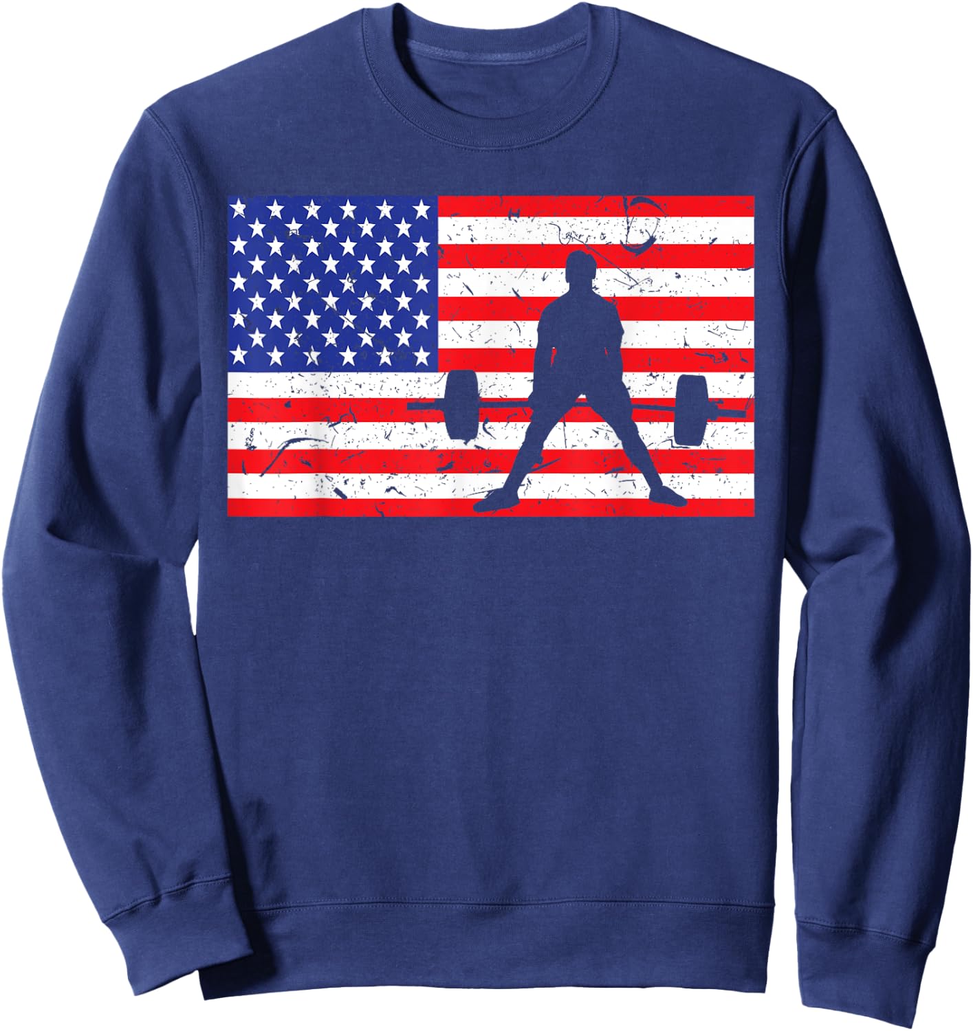 Distressed Powerlifting USA American Flag Vintage Weightlift Sweatshirt - Sweatshirt | Navy