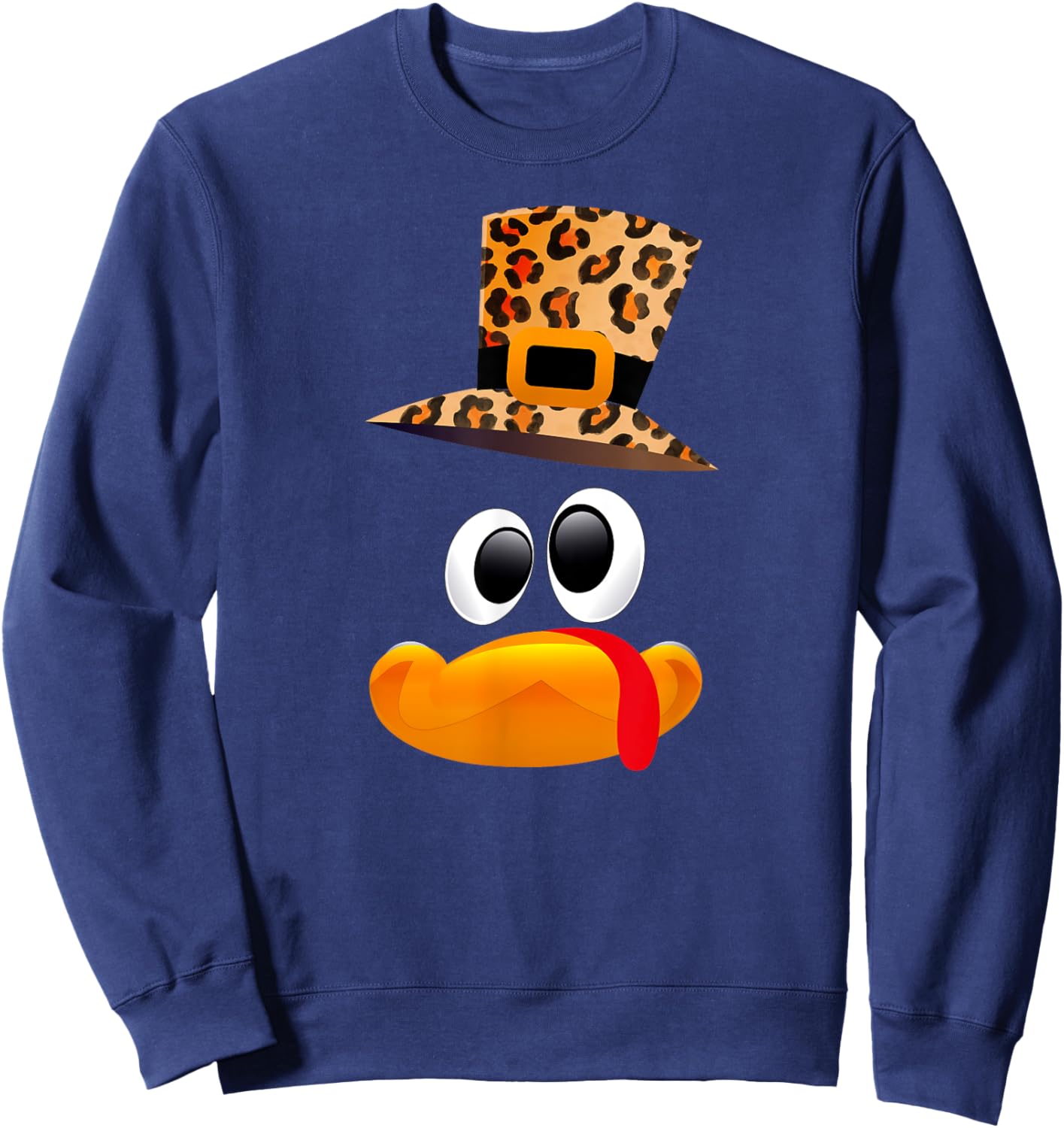 Funny Turkey Family Thanksgiving Turkey Face Leopard Hat Sweatshirt - Sweatshirt | Navy