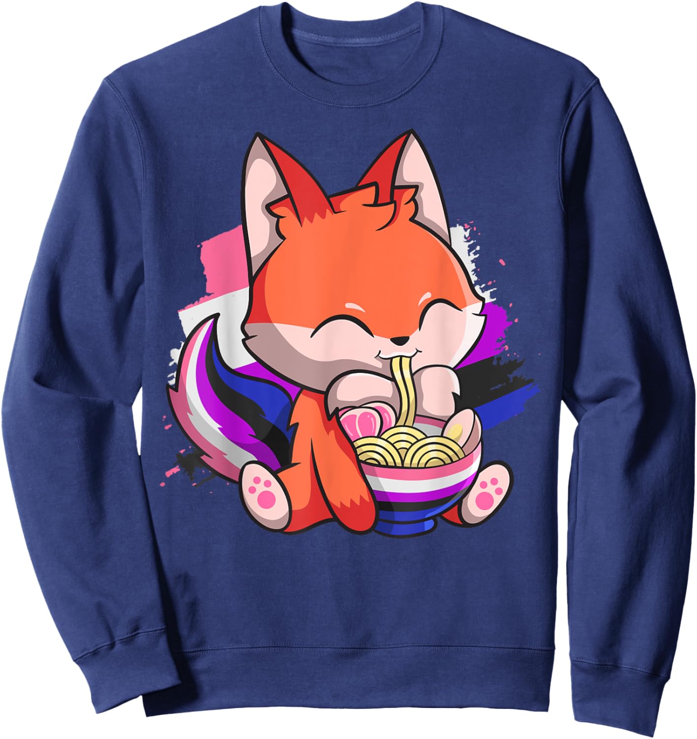 Genderfluid Pride Kawaii Fox Ramen Noodles Genderfluid Flag Sweatshirt - Sweatshirt | Navy