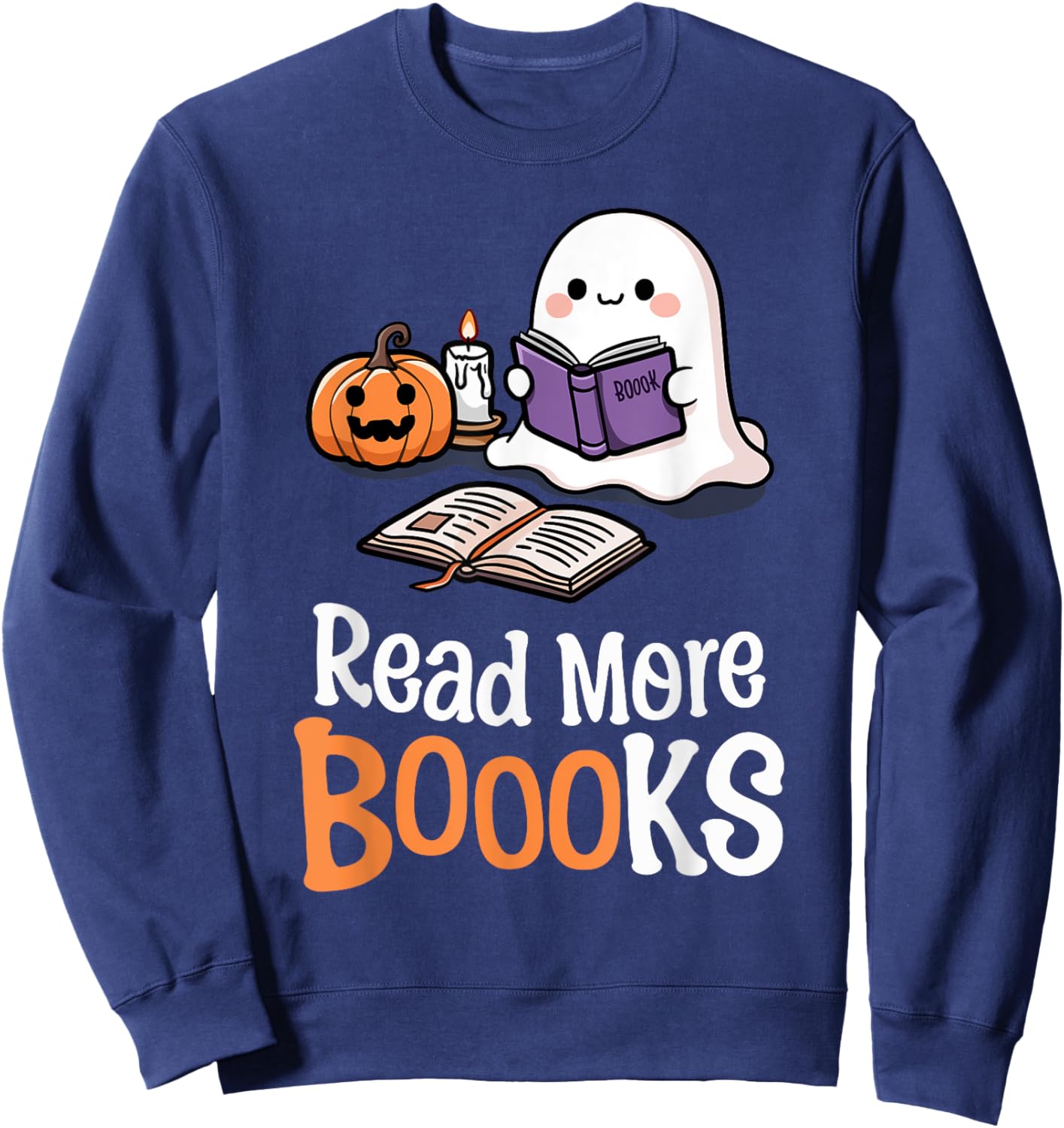 Halloween Teacher Women Cute Reading Ghost Read More Books Sweatshirt - Sweatshirt | Navy