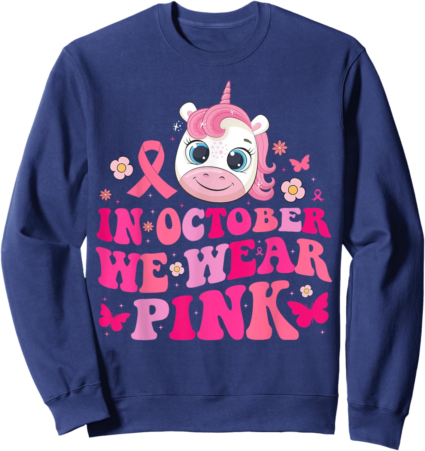 In October We Wear Pink Unicorn Breast Cancer Awareness Kids Sweatshirt - Sweatshirt | Navy