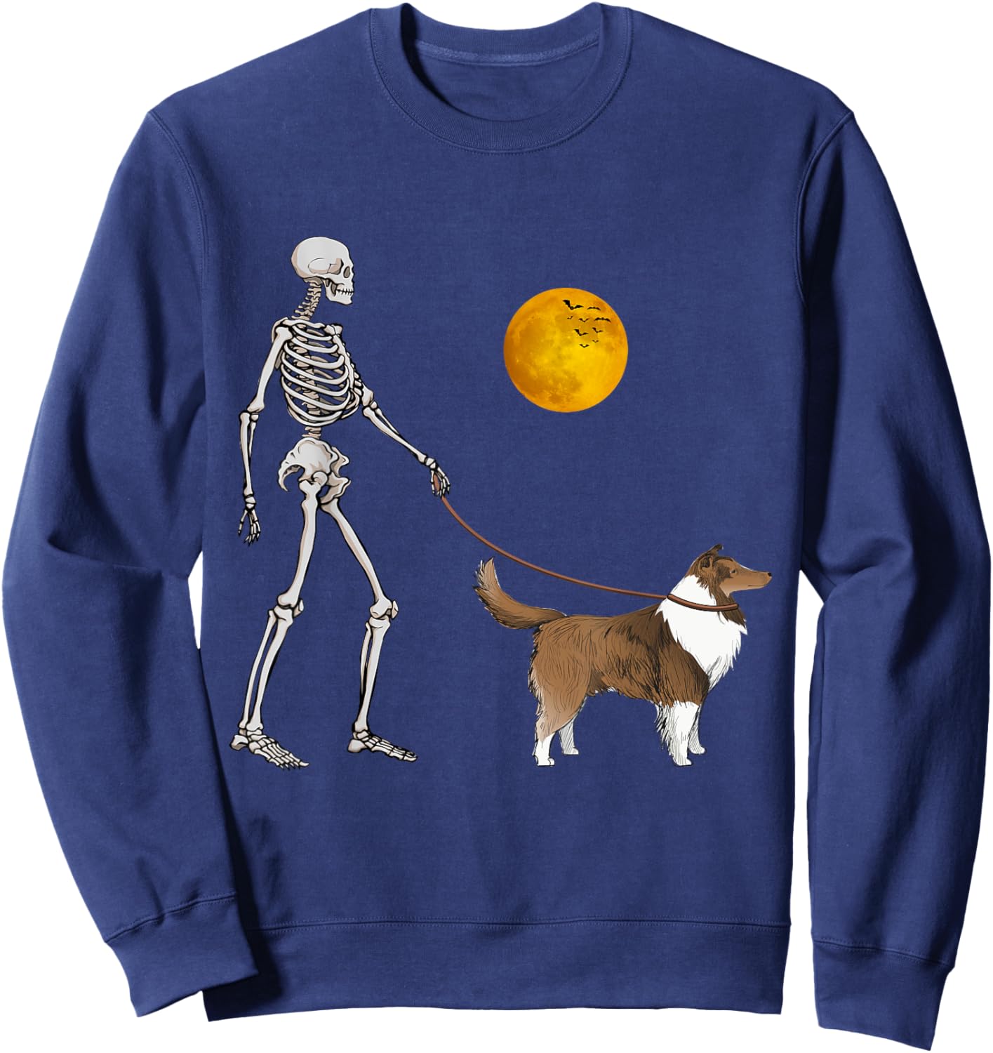 Shetland Sheepdog Skeleton Dog Walking Halloween Costume Sweatshirt - Sweatshirt | Navy