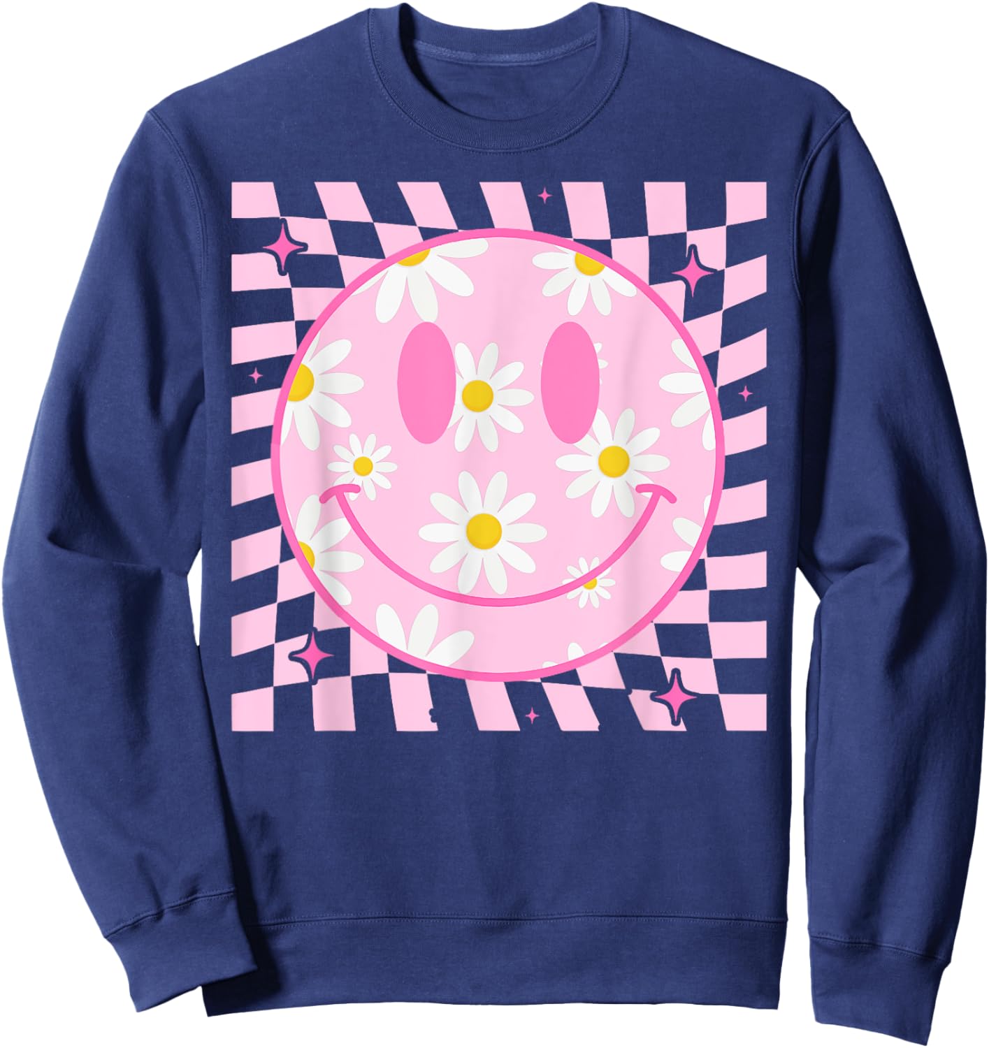 Retro Happy Smile Face Checkered Pattern Pink Daisy Flower Sweatshirt - Sweatshirt | Navy