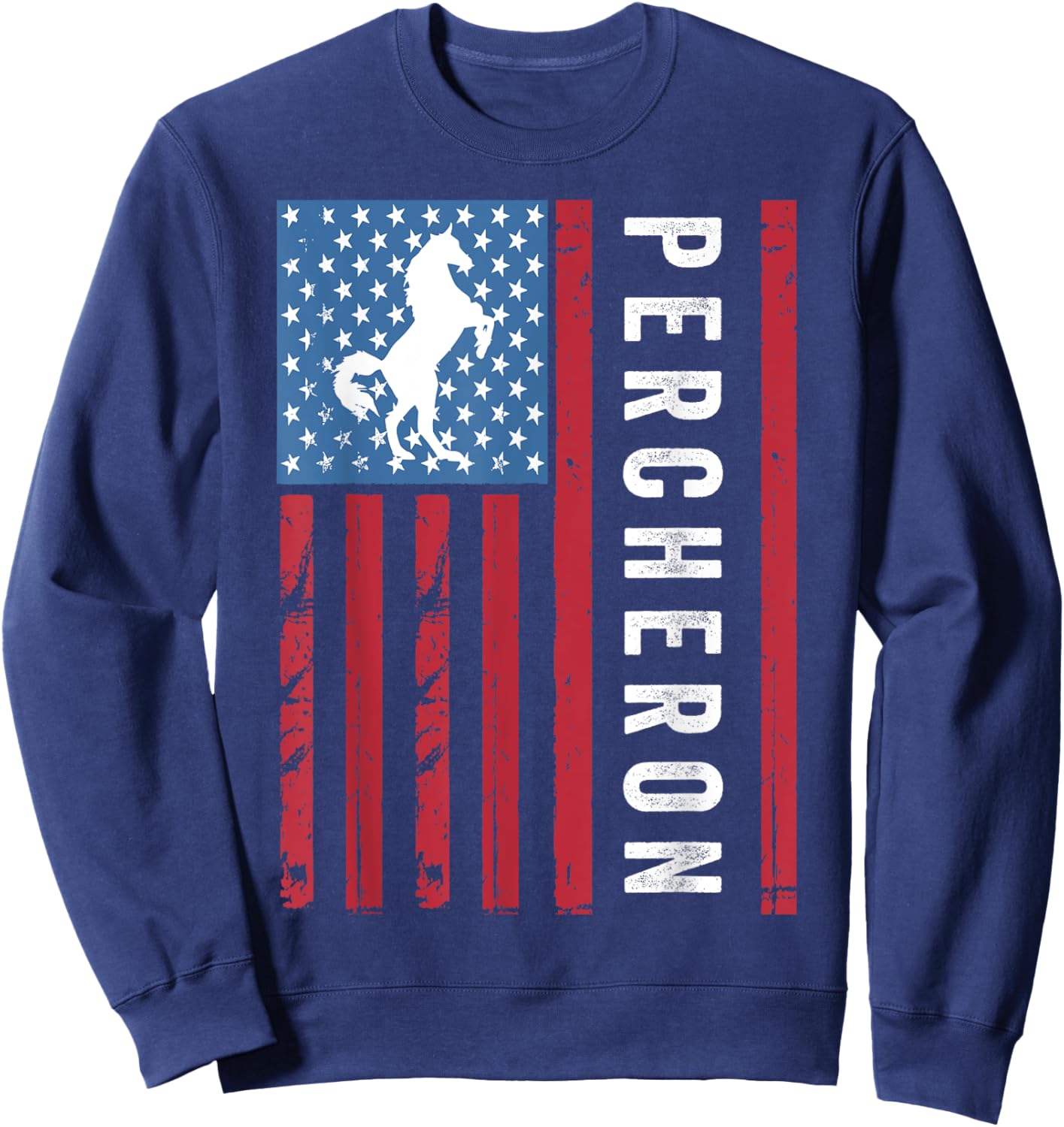 Percheron Horse with American Flag, Percheron Horse Women Kids Men Sweatshirt - Sweatshirt | Navy