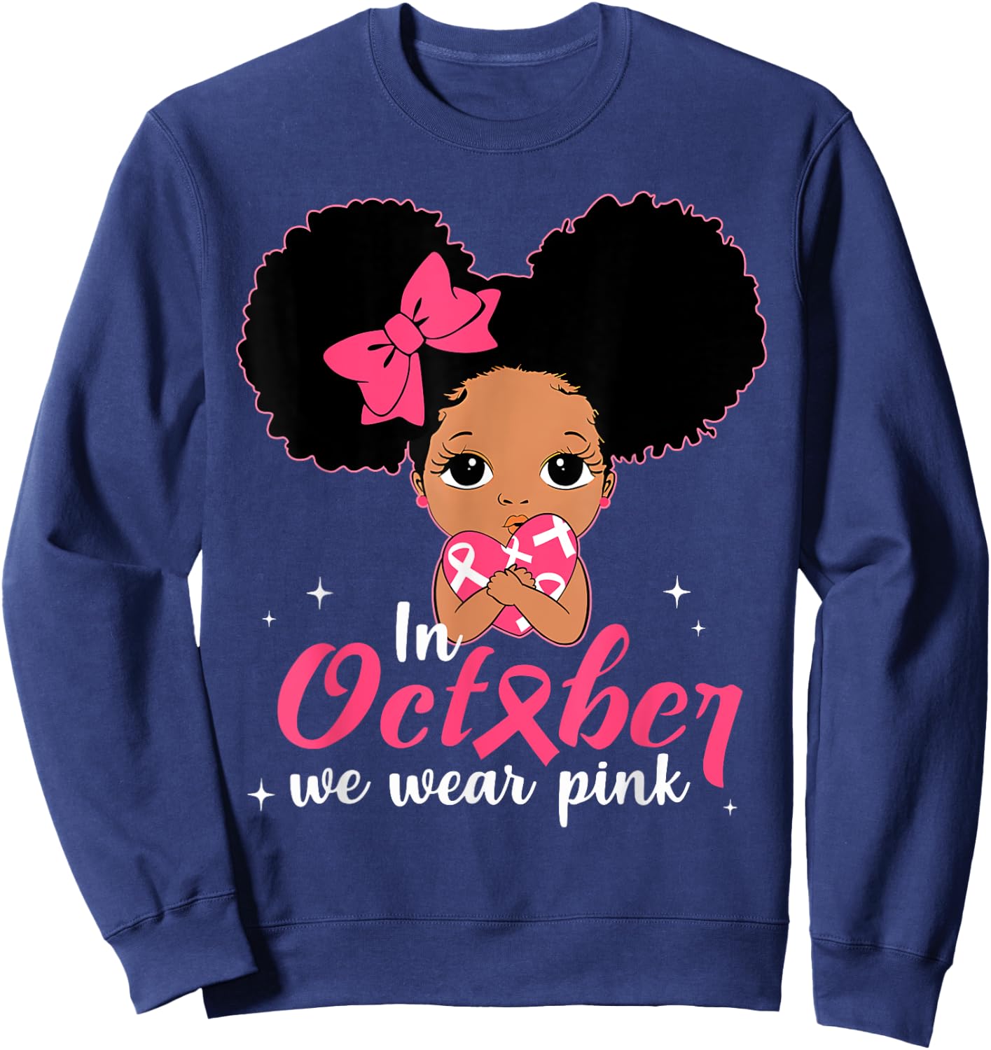 Messy Bun In October We Wear Pink Girls Toddlers Kids Sweatshirt - Sweatshirt | Navy