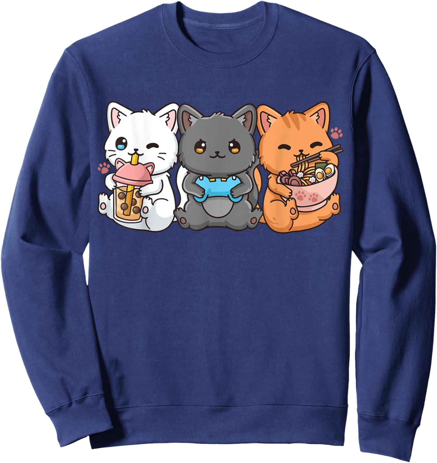 Anime Boba Tea Bubble Tea Gaming Gamer Ramen Cat Small Sweatshirt - Sweatshirt | Navy