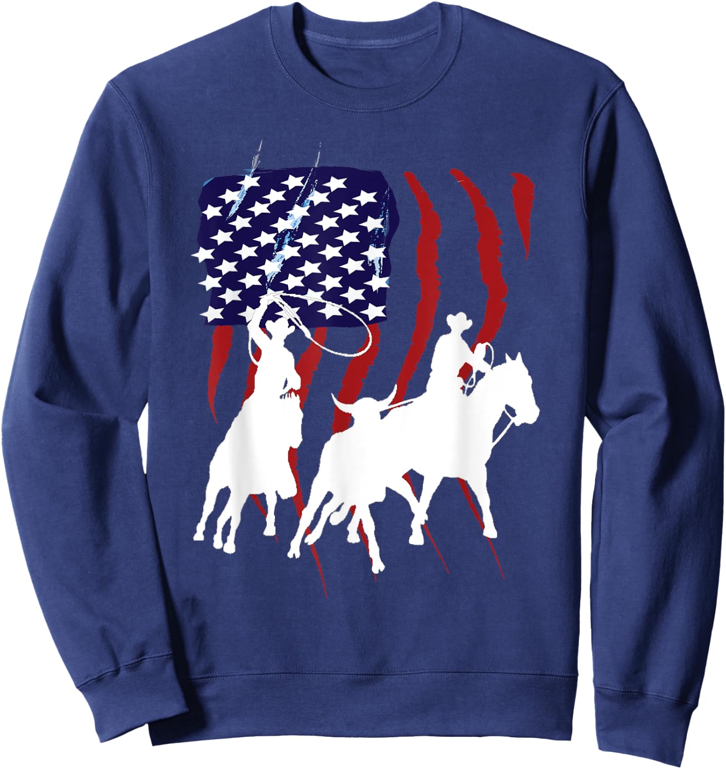 Rodeo Team Roping Distressed Grunge Cowboy American Flag Sweatshirt - Sweatshirt | Navy