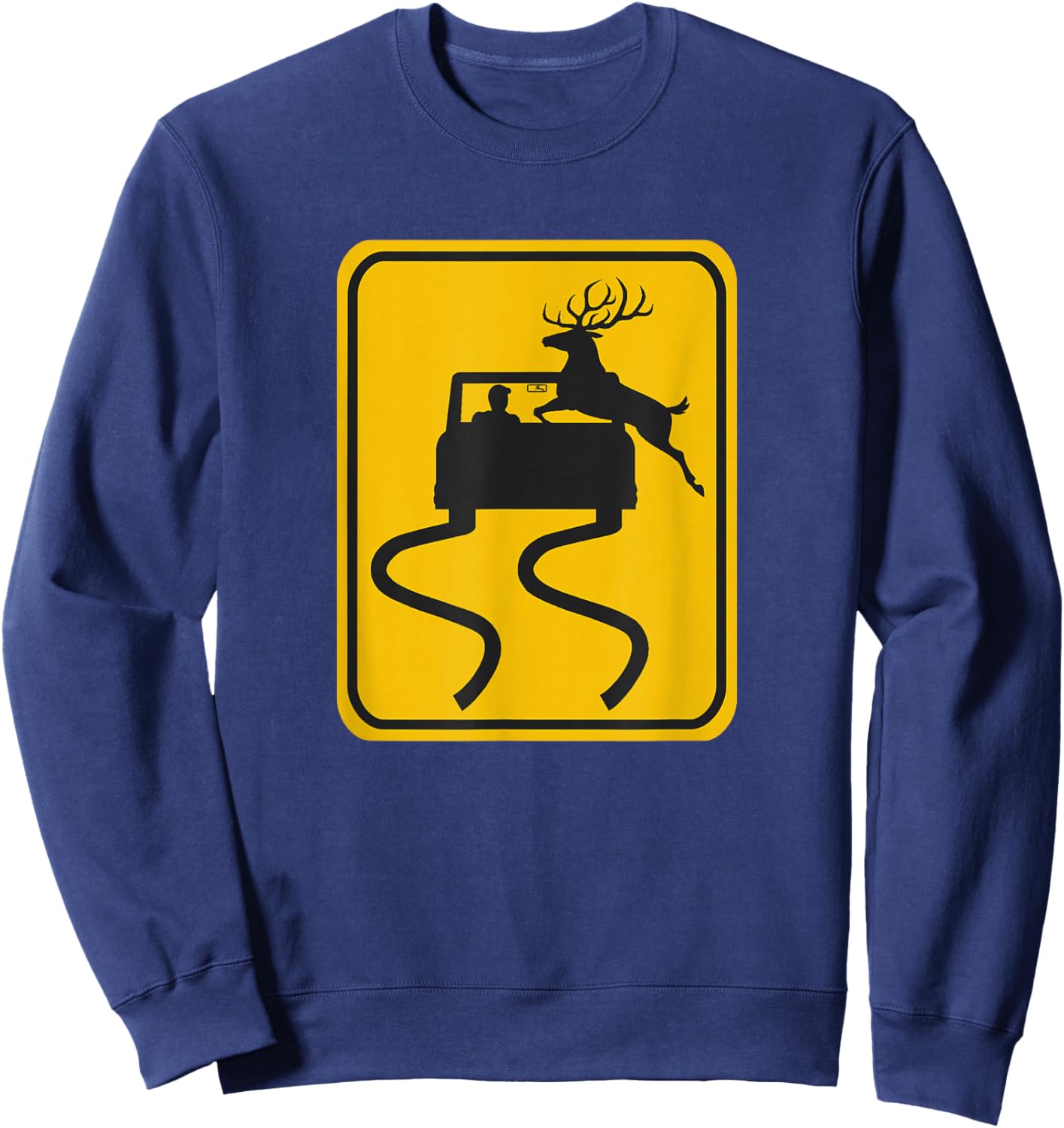 Swerving Car Meets Deer Crossing Road Sign Sweatshirt - Sweatshirt | Navy