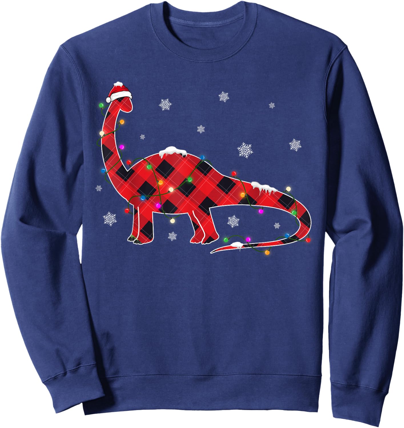 Red Buffalo Plaid T-rex Dinosaur Christmas Tree Lights Sweatshirt - Sweatshirt | Navy