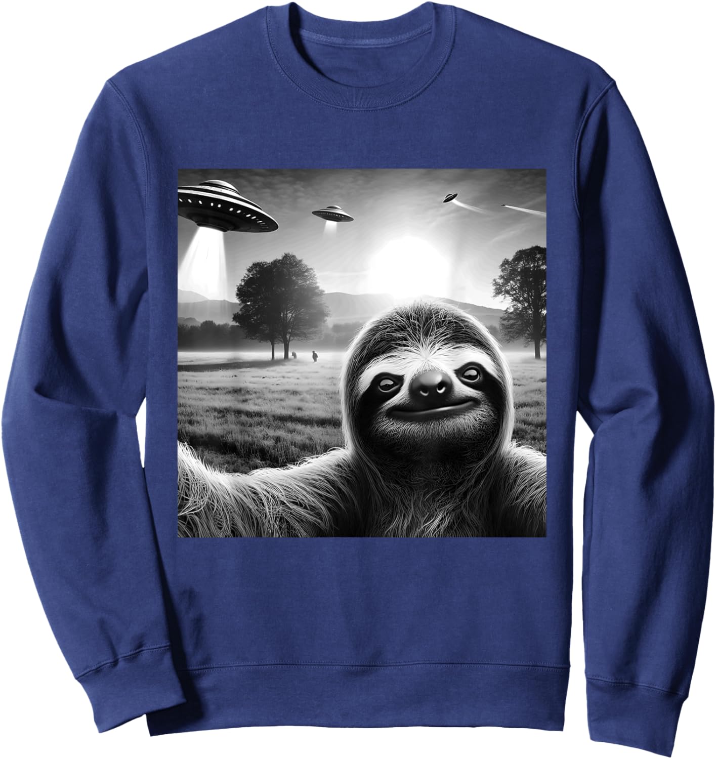 Sloth Funny Graphic Selfie with UFOs Weird Aliens Sweatshirt - Sweatshirt | Navy