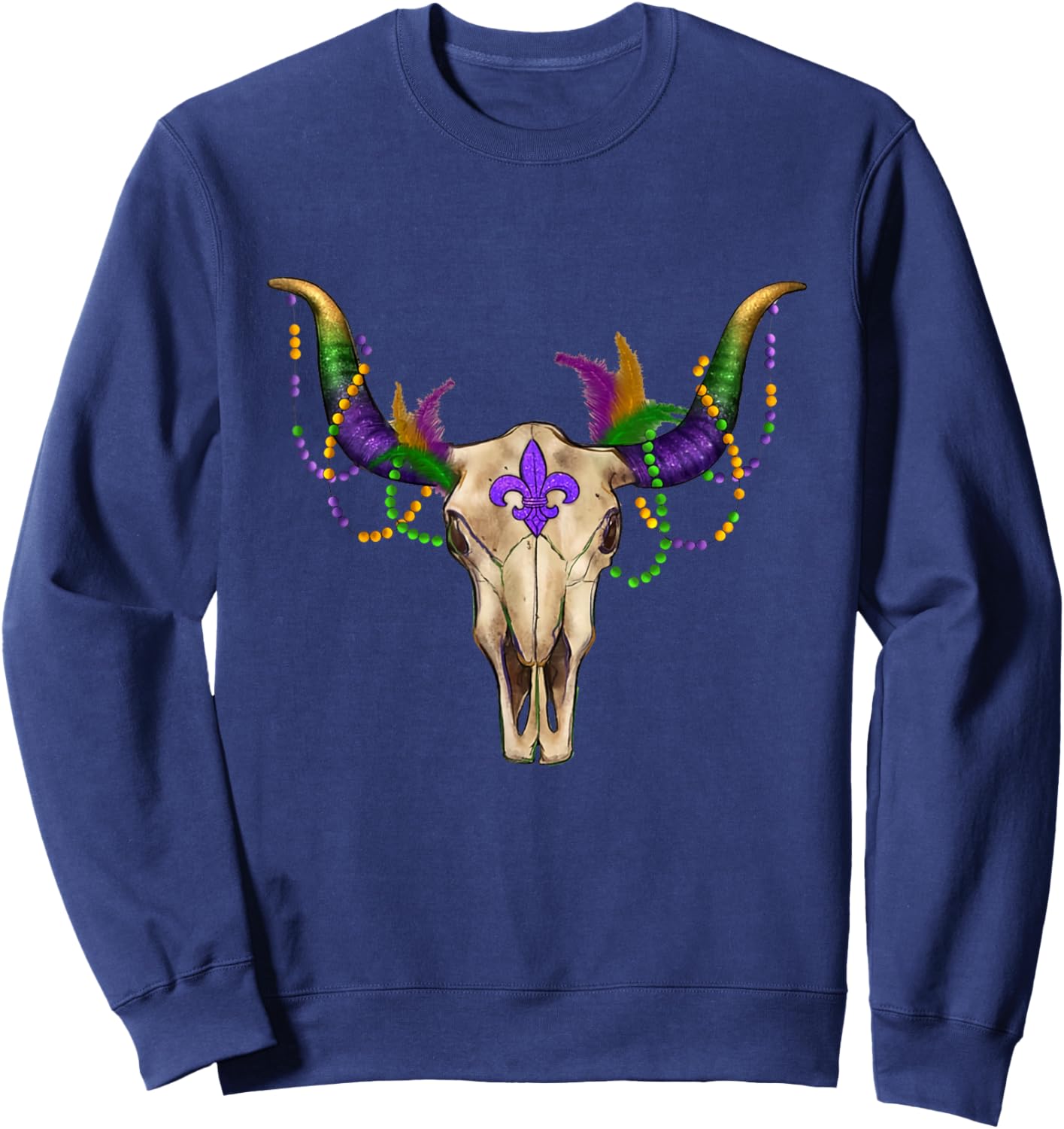 Mardi Gras Cow Bull Skull Mardi Gras Farm Animal Cow Lover Sweatshirt - Sweatshirt | Navy