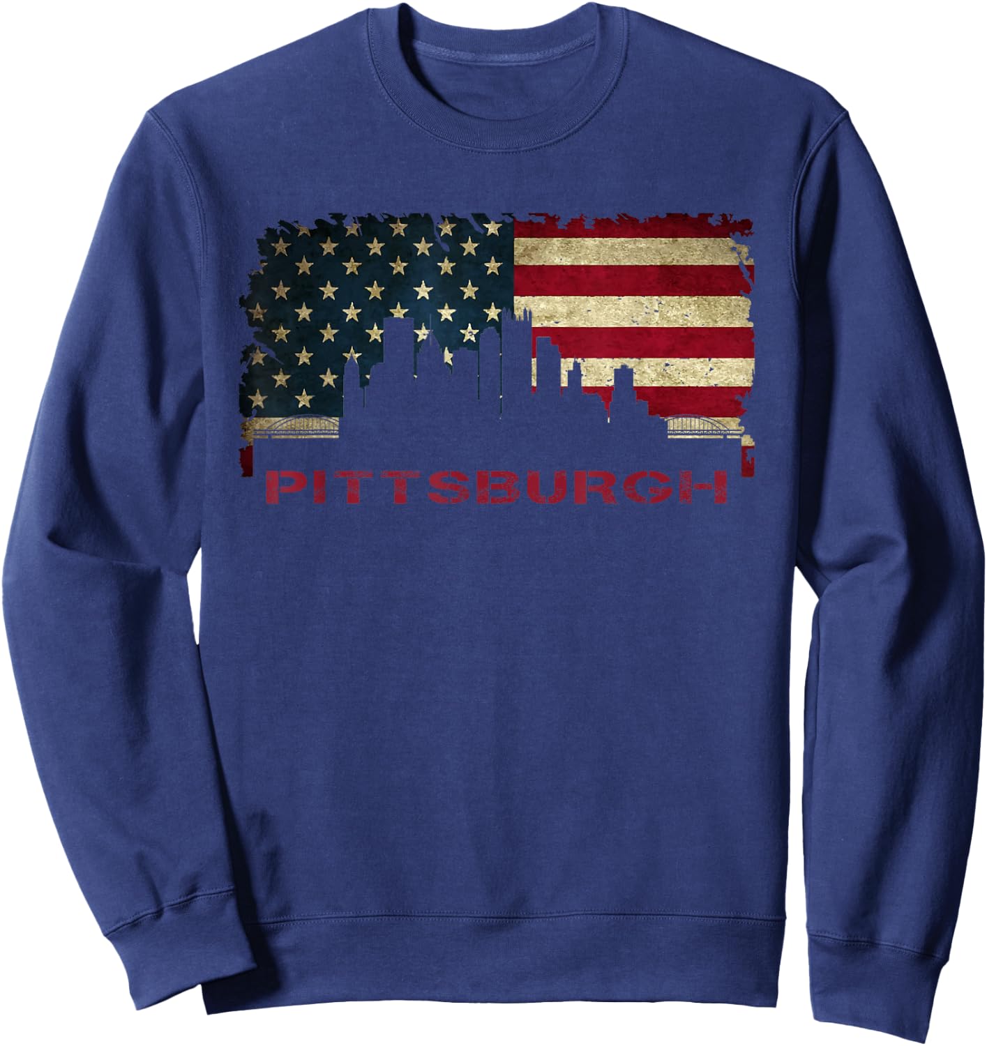 Pittsburgh City Skyline Art USA Flag Steel City American Sweatshirt - Sweatshirt | Navy