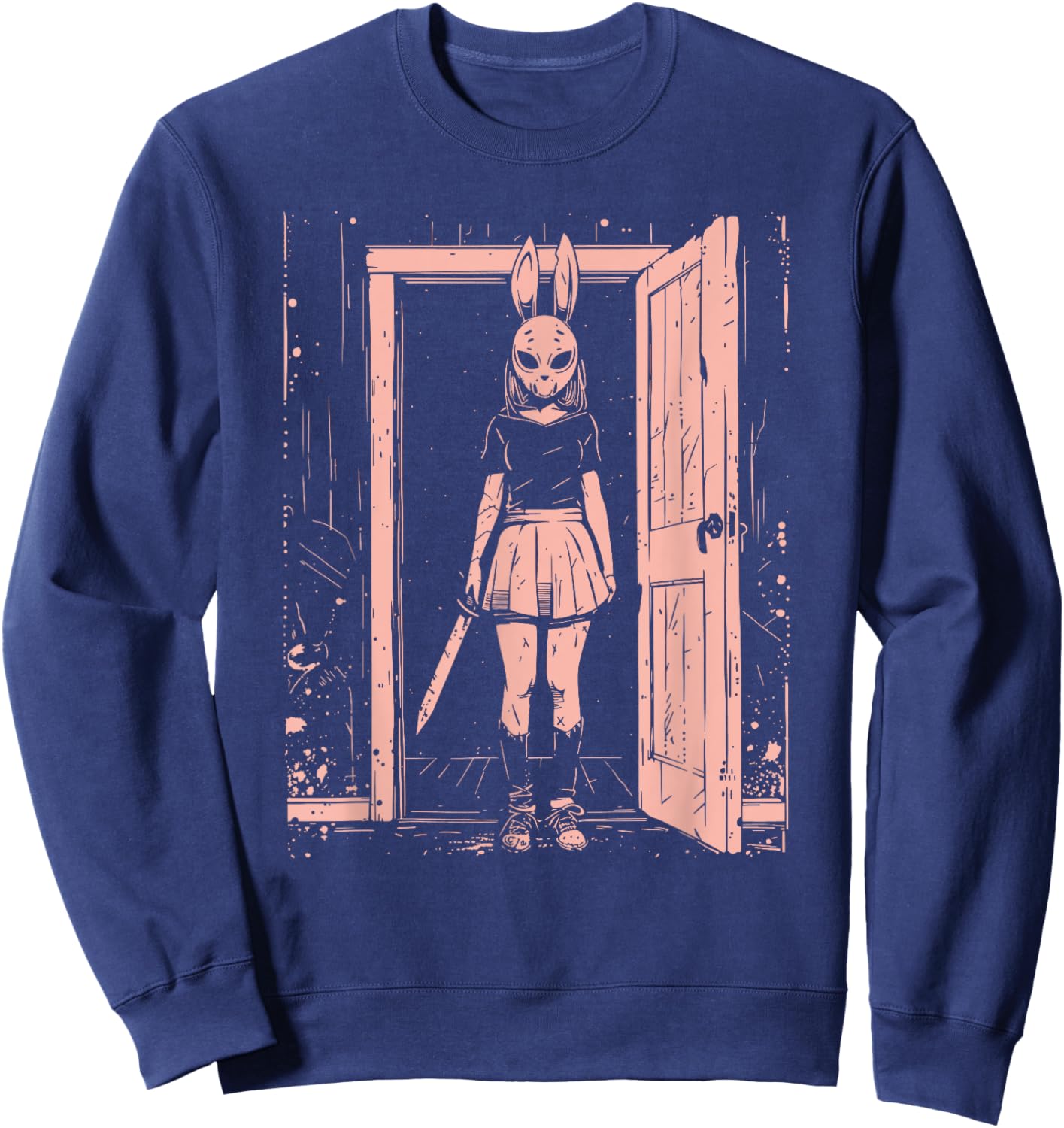 Creepy Girl Bunny Mask Slasher Pastel Goth Anime Horror Sweatshirt - Sweatshirt | Navy