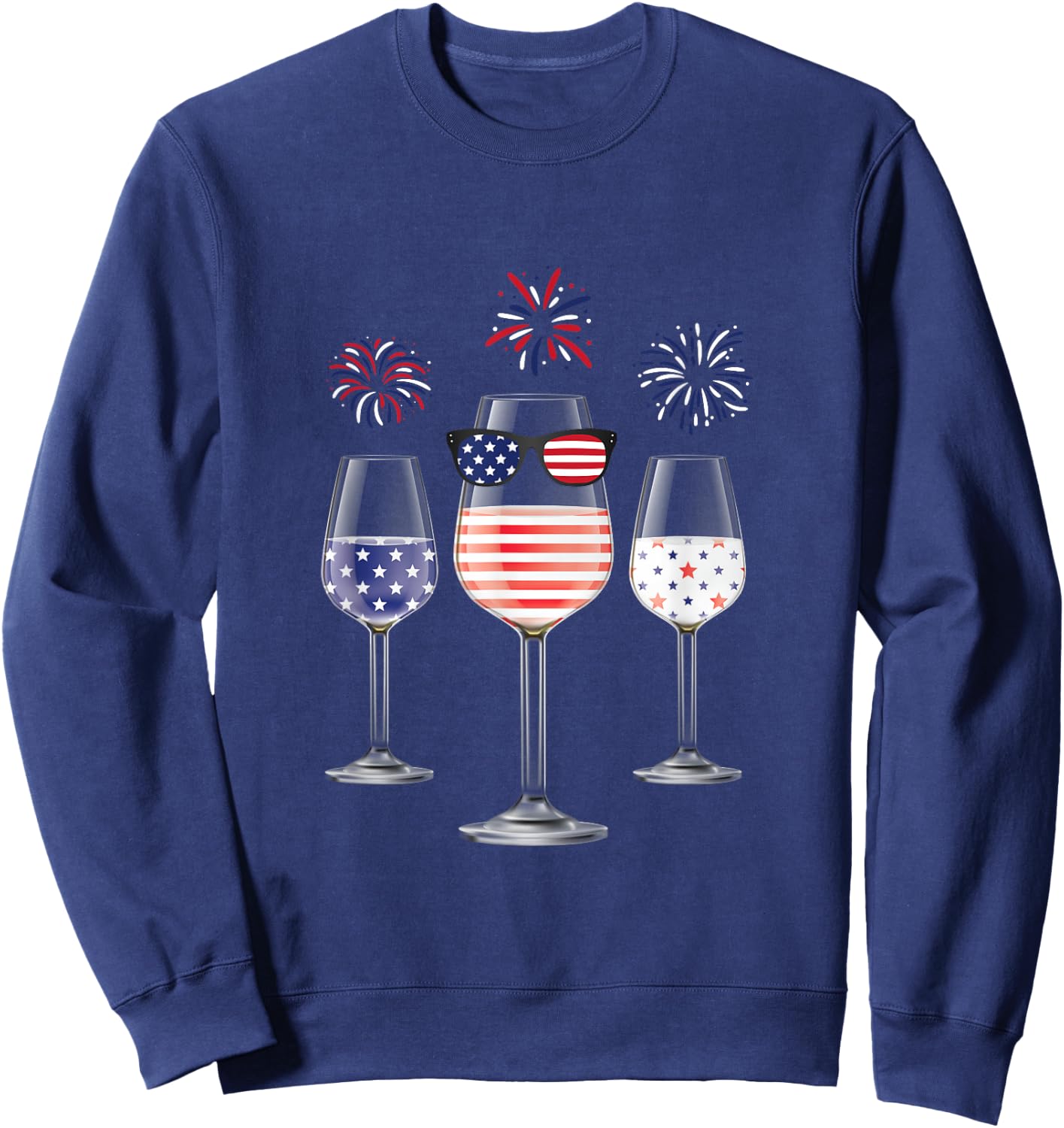 Red White Blue Wine Glasses American Flag Happy 4th of July Men Sweatshirt - Sweatshirt | Navy