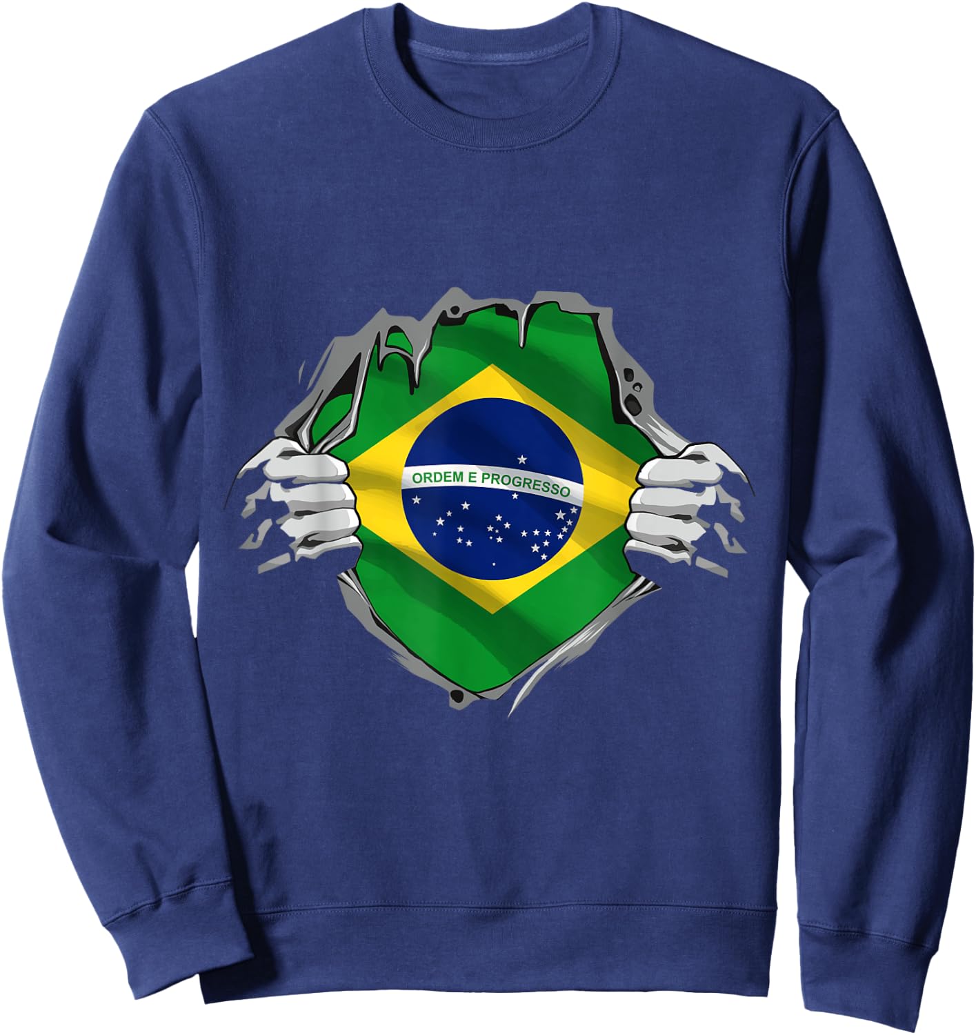 Superhero Brazil Flag Brazilian Hands Opening Shirt Chest Sweatshirt - Sweatshirt | Navy