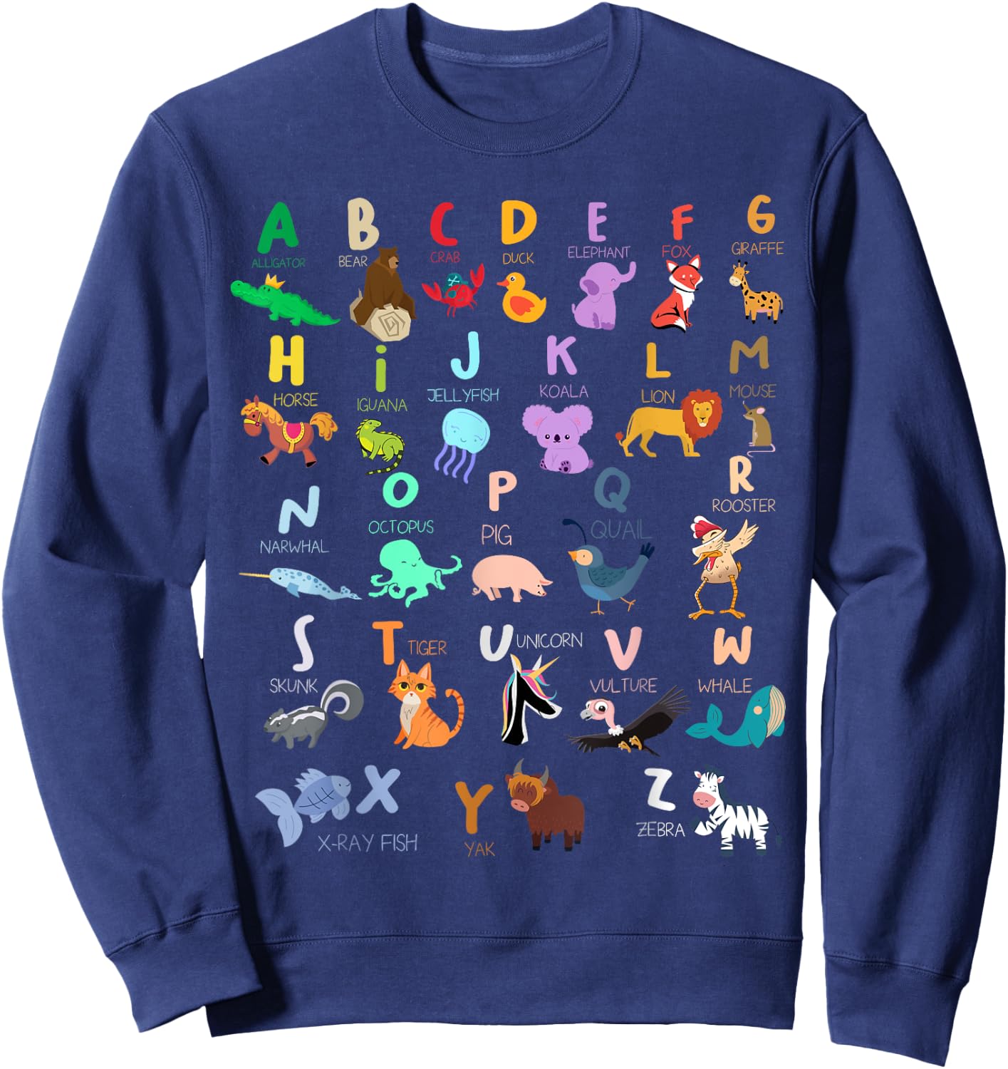 Alphabet Animal ABC Alligator Bear Crab Duck Elephant Fox Sweatshirt - Sweatshirt | Navy