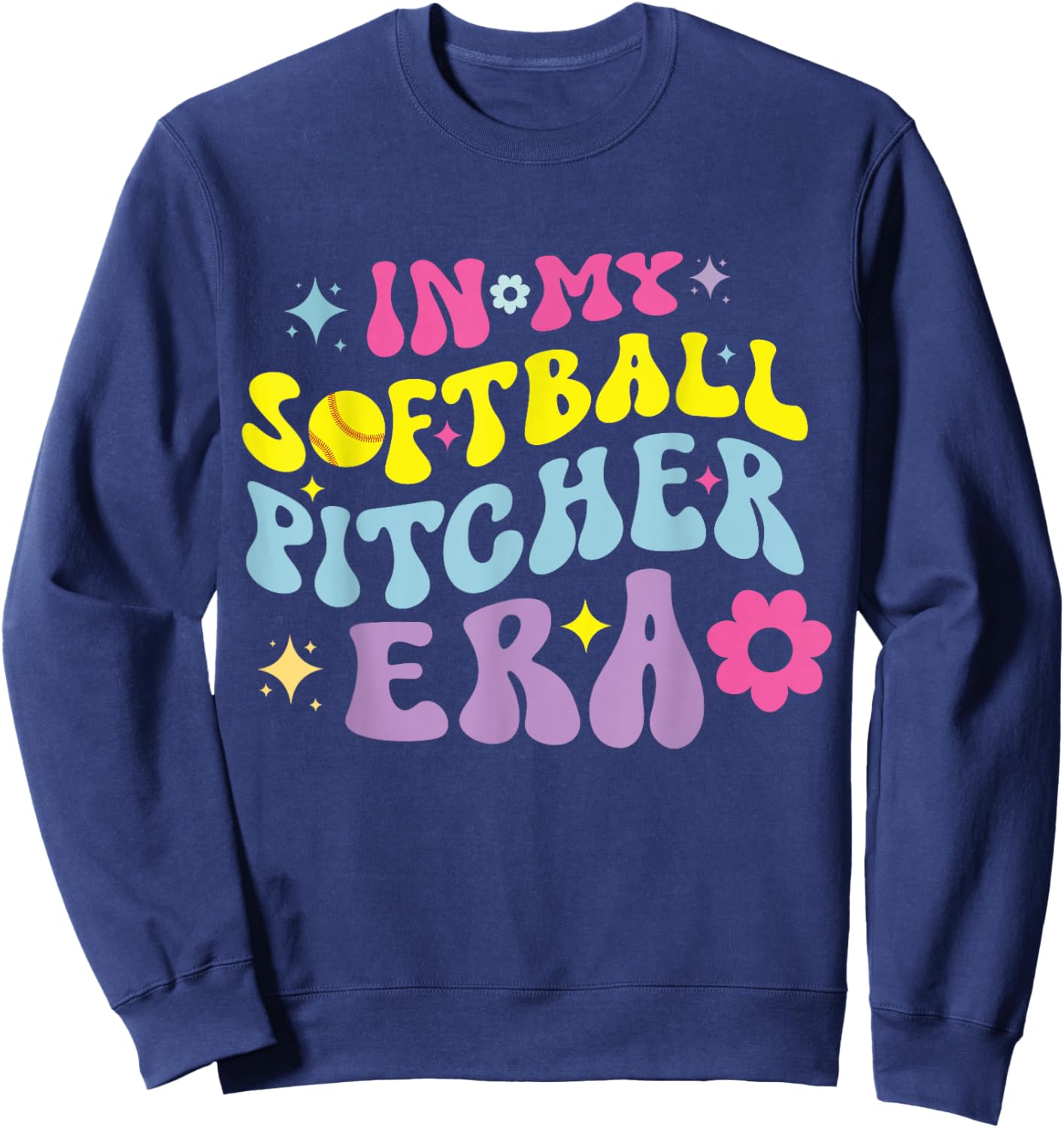 In My Softball Pitcher Era Groovy Fastpitch Girls Game Sweatshirt - Sweatshirt | Navy