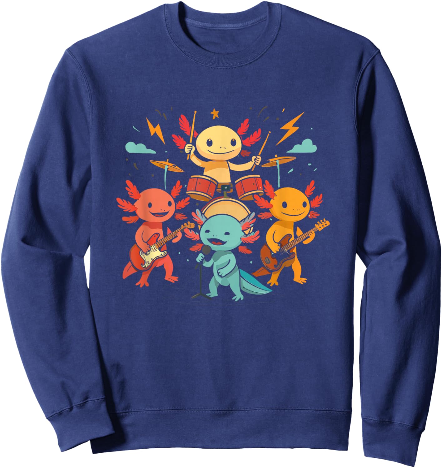 Cute Axolotl Rock Band Playing Drums Guitar Singing Graphic Sweatshirt - Sweatshirt | Navy