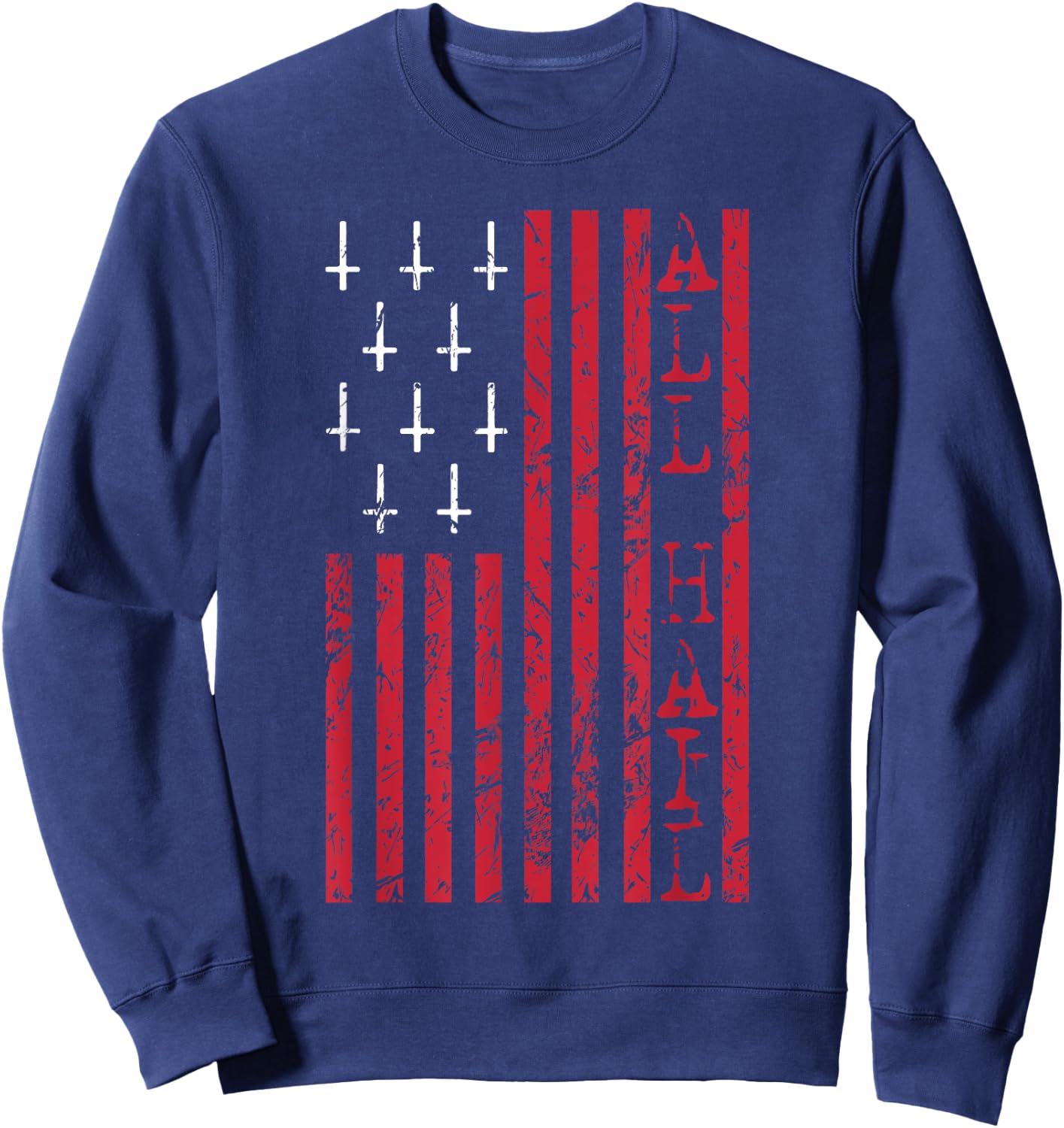 Upside Down Cross Occult American Flag All Hail Satanic Sweatshirt - Sweatshirt | Navy