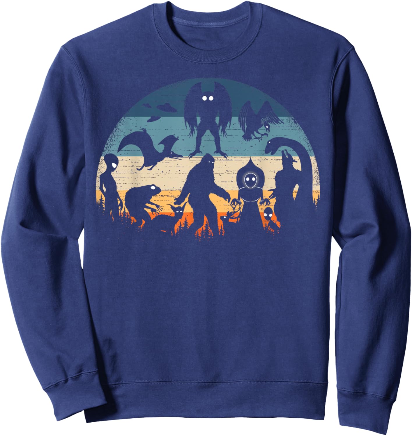Bigfoot Loch Ness Monster Mothman And Aliens Vintage Cryptid Sweatshirt - Sweatshirt | Navy