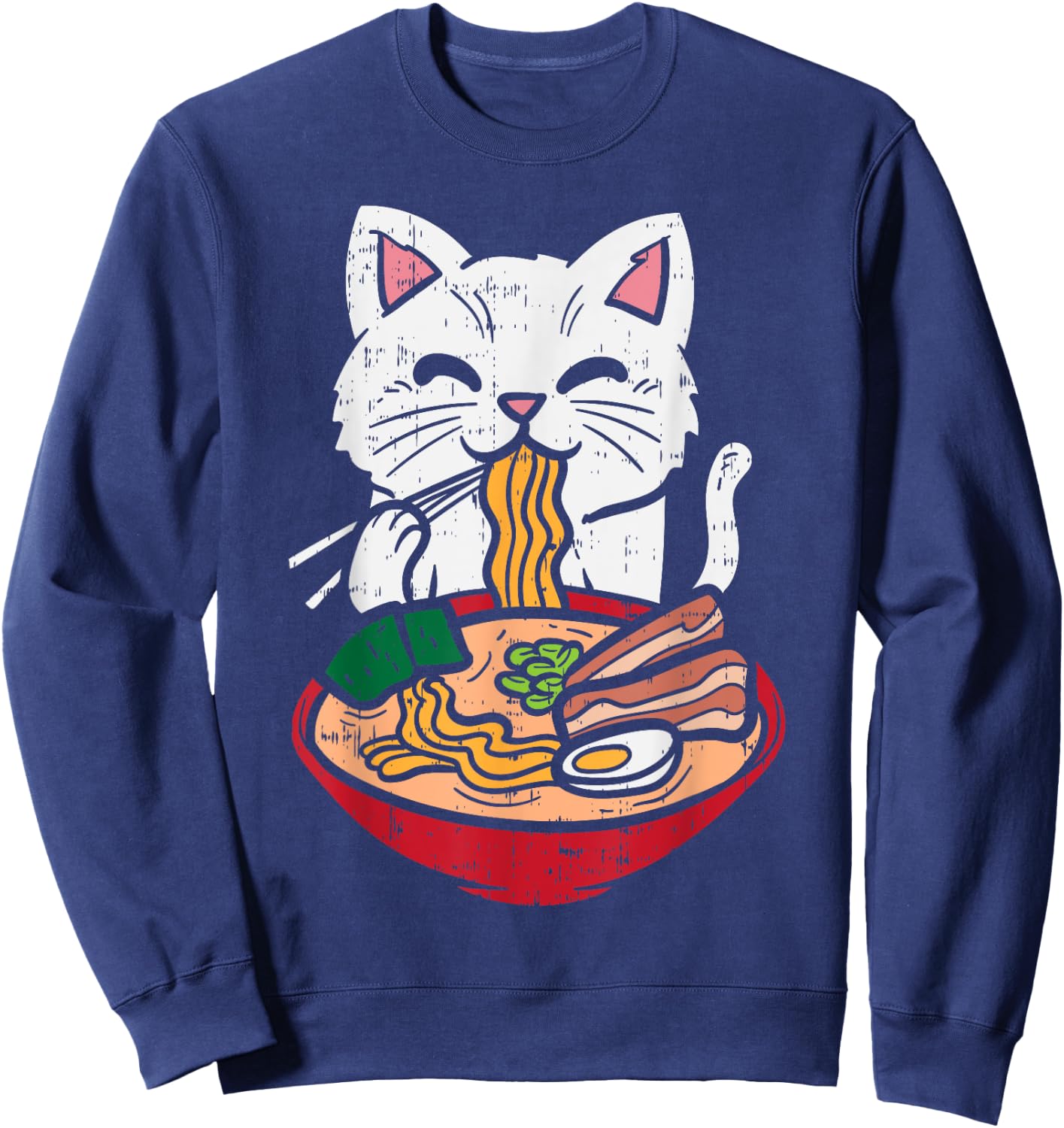 Cat Eating Ramen Kawaii Japanese Noodles Anime Foodie Gift Sweatshirt - Sweatshirt | Navy