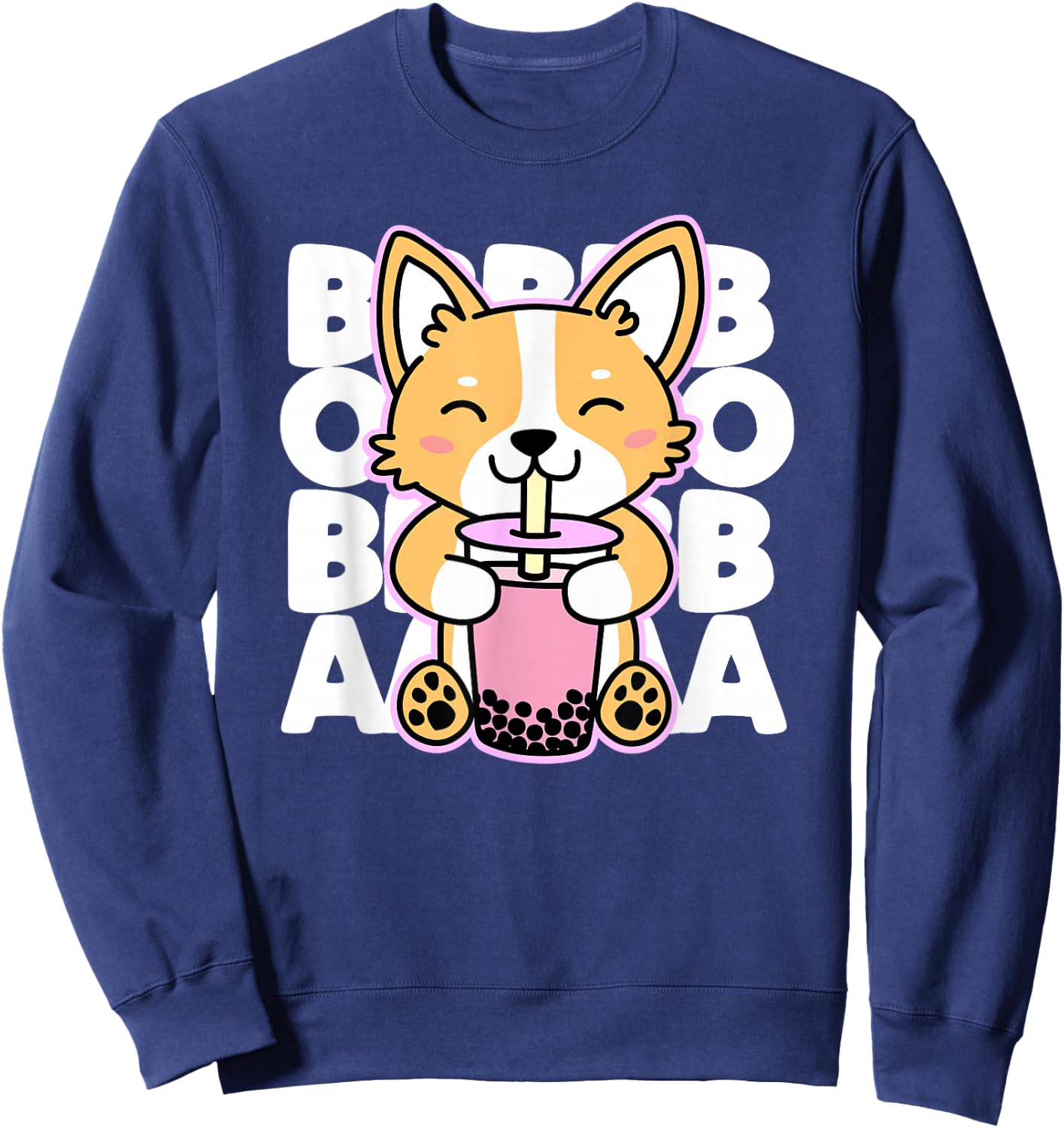 Kawaii Boba Cute Anime Dog Corgi Bubble Tea Drink Dark Sweatshirt - Sweatshirt | Navy