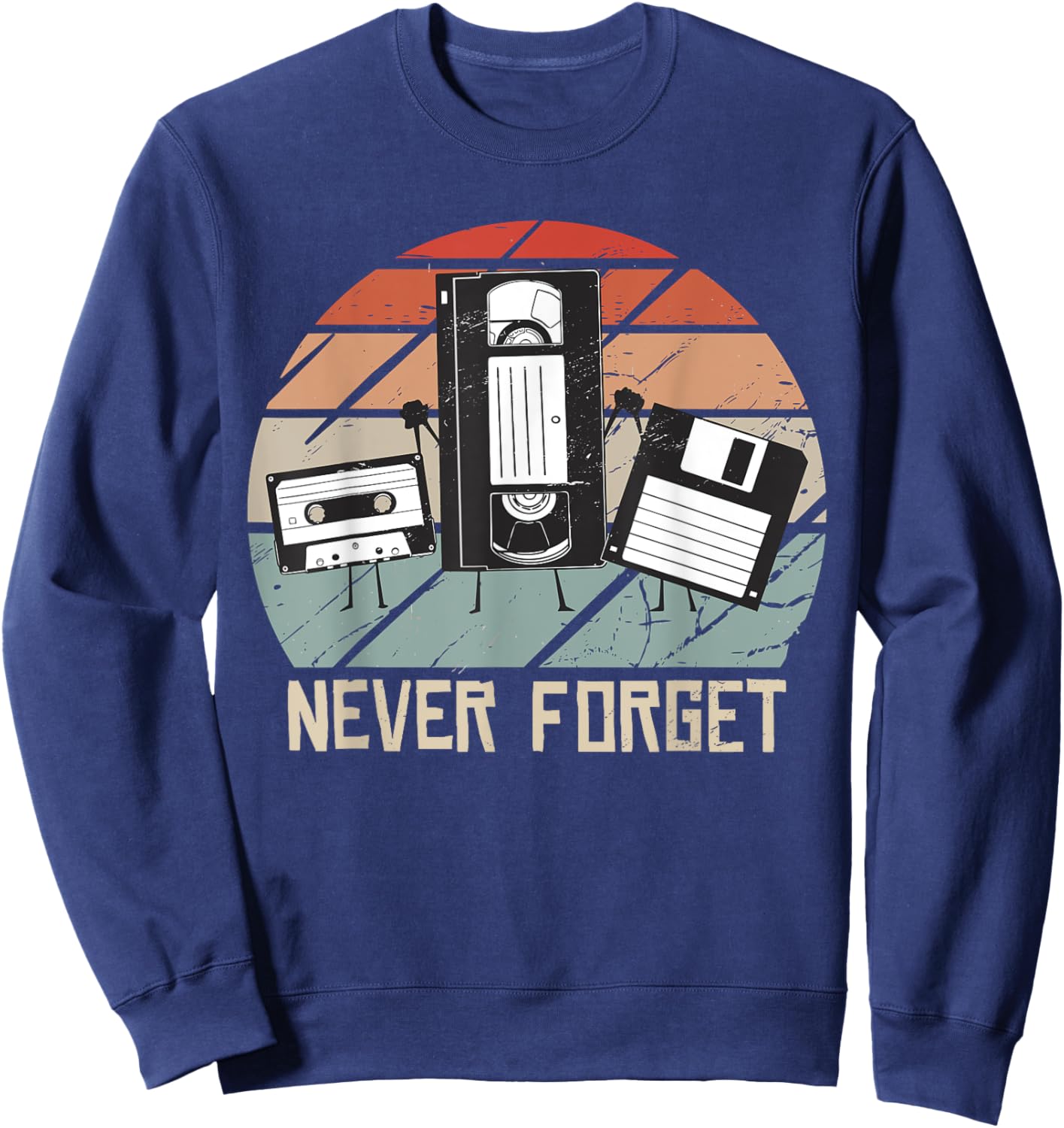 Vintage Never Forget Audio Cassette Floppy Disk VHS Tape 90s Sweatshirt - Sweatshirt | Navy