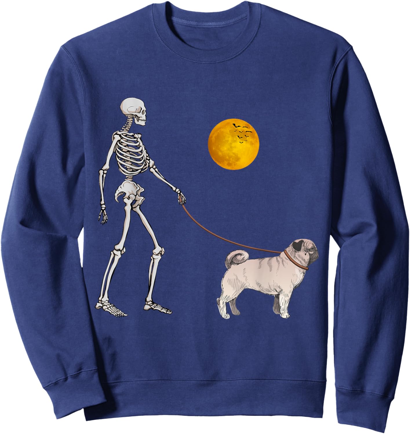 Pug Skeleton Dog Walking Halloween Costume Women Girls Kids Sweatshirt - Sweatshirt | Navy