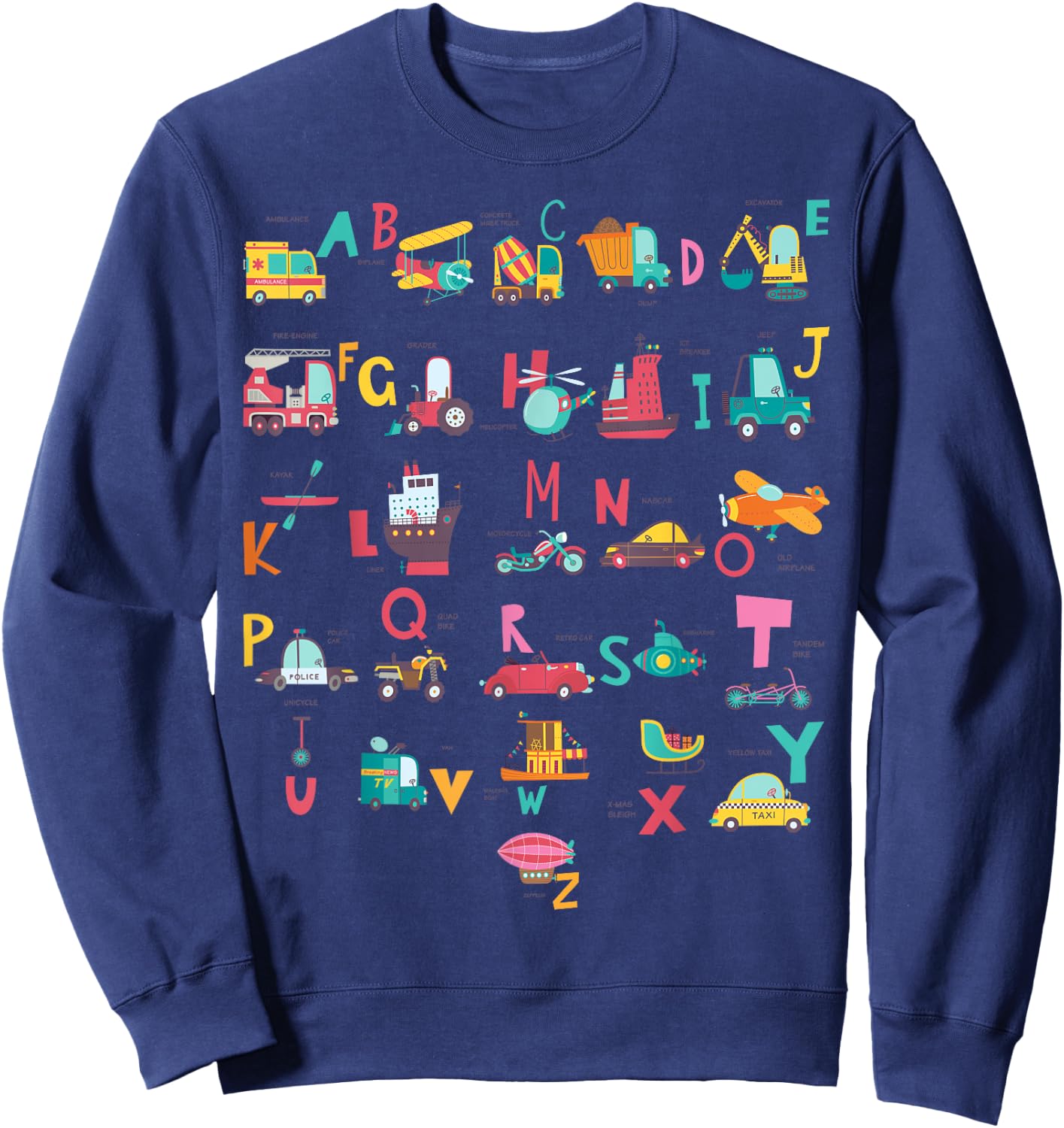 Ambulance Excavator Helicopter Truck Vehicles ABC Toddler Sweatshirt - Sweatshirt | Navy