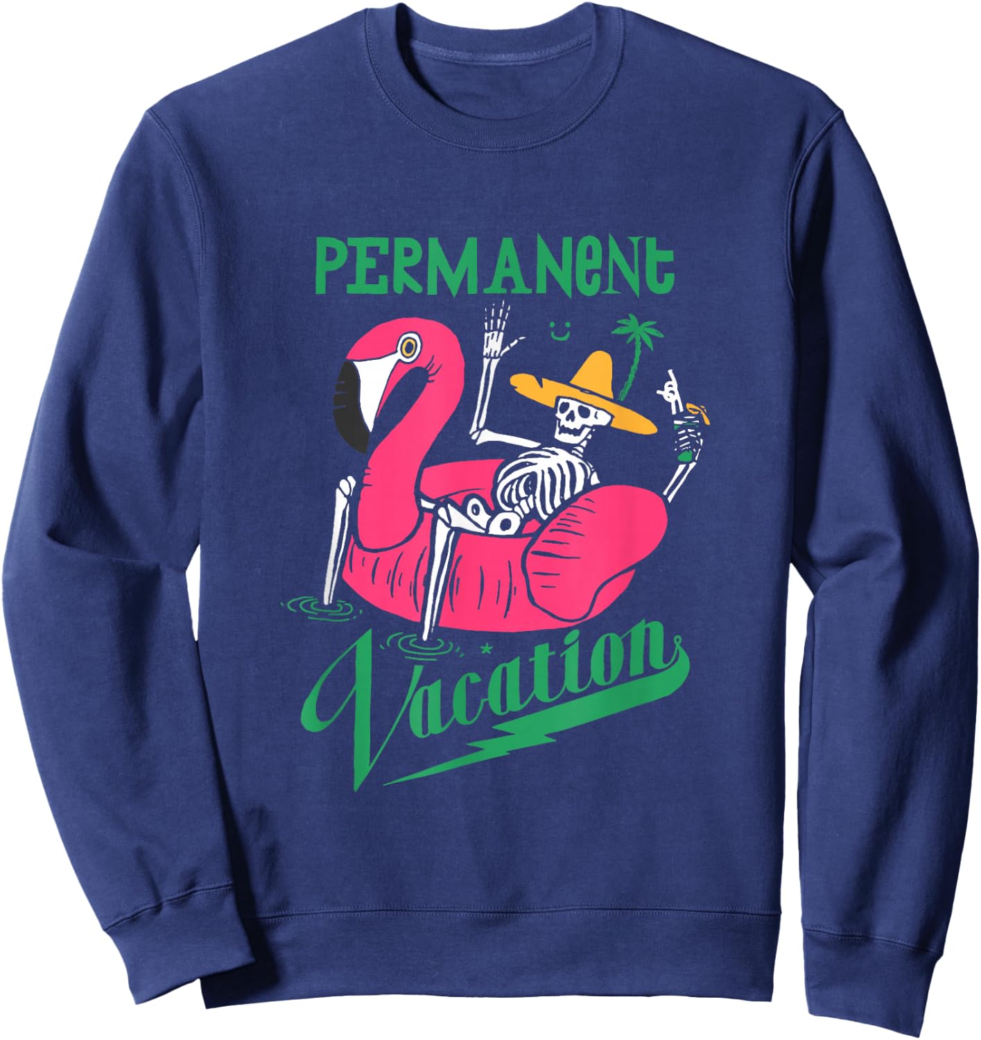 Skeleton on Pool Flamingo. Permanent Vacation Sweatshirt - Sweatshirt | Navy