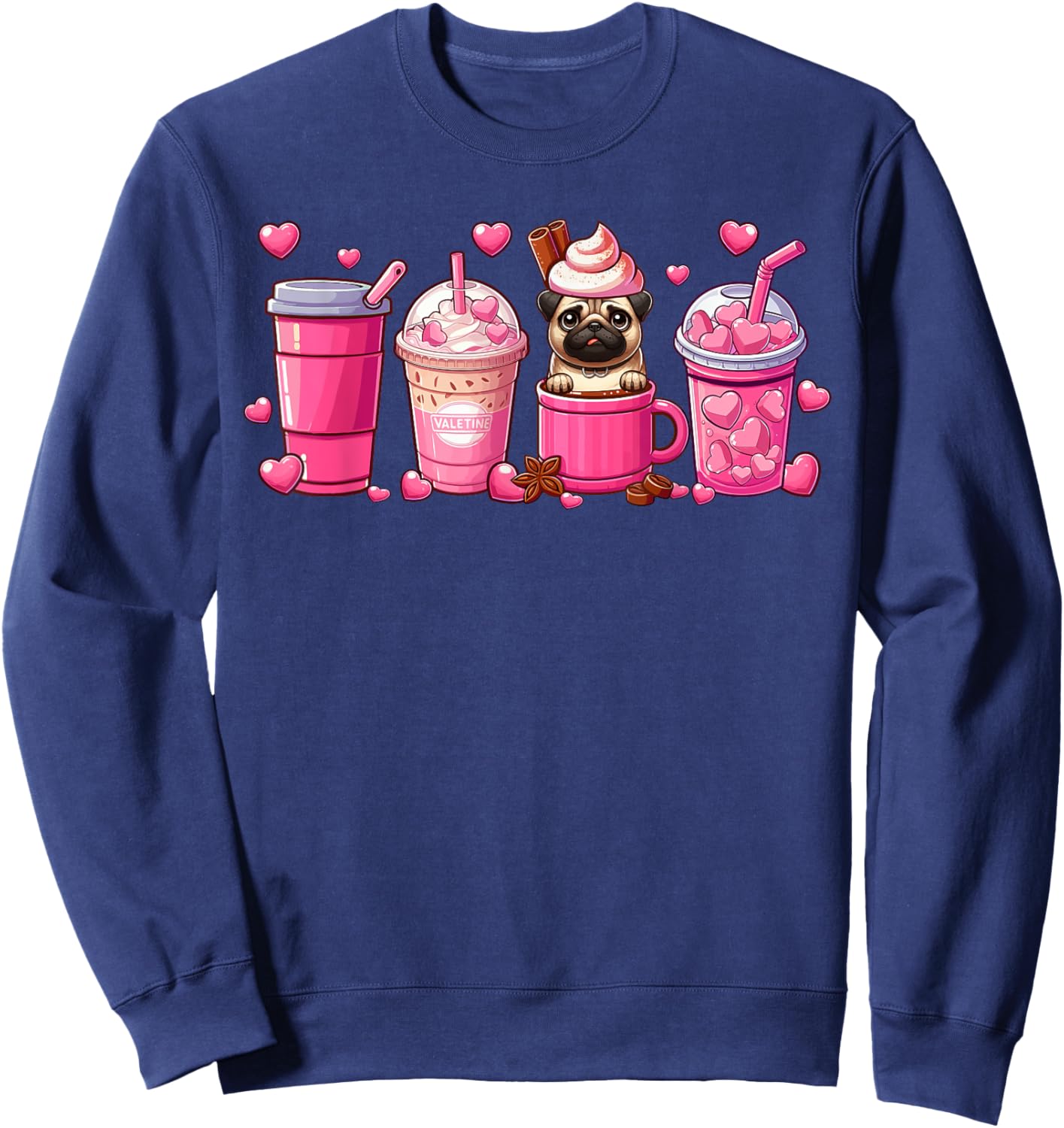 Pug Inside Cup Coffees Lover Valentine's Day Hearts Sweatshirt - Sweatshirt | Navy