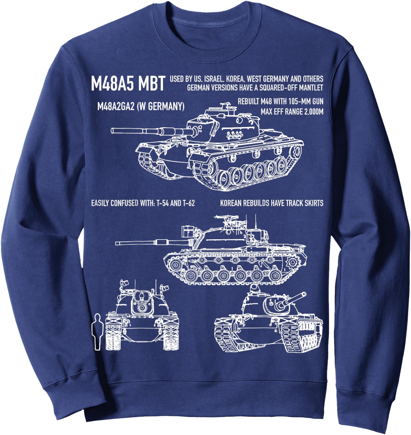 M48 A5 Patton Tank American Blueprint Diagram Sweatshirt - Sweatshirt | Navy
