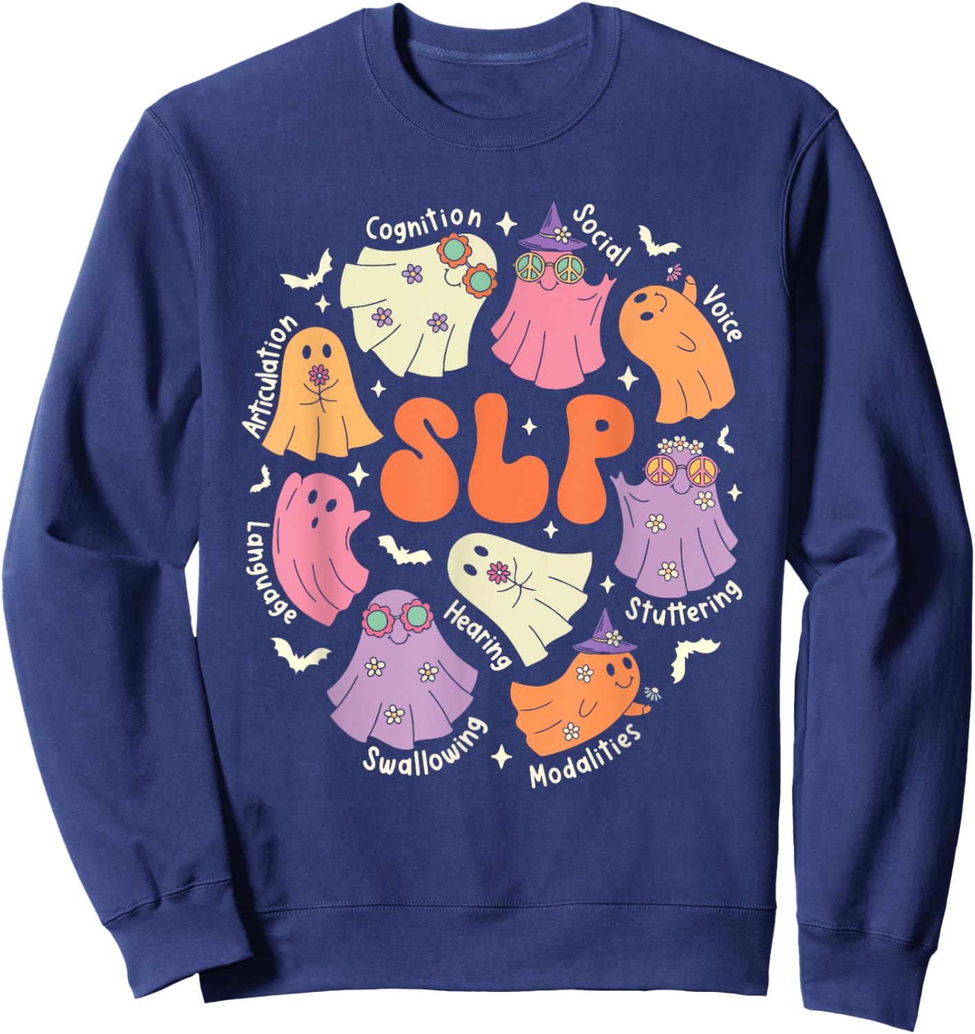 Cute Ghost Friends Halloween AAC SLP Squad Speech Language Sweatshirt - Sweatshirt | Navy