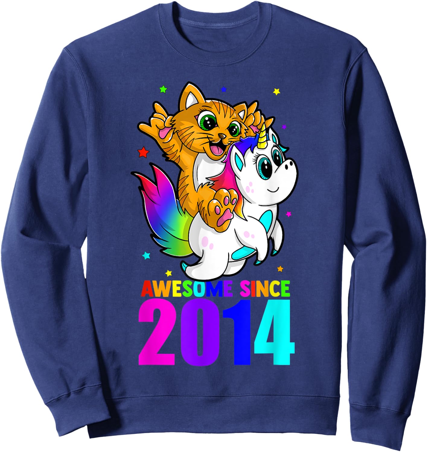 Awesome Since 2014 Unicorn Cat Birthday Girl Boys Cute Kids Sweatshirt - Sweatshirt | Navy