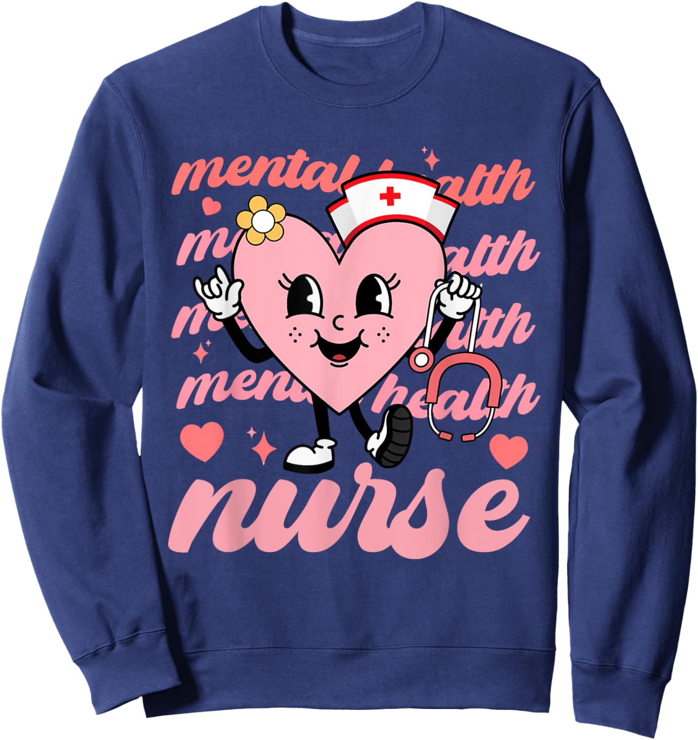 Retro Mental Health Nurse Valentines Day Hearts Stethoscope Sweatshirt - Sweatshirt | Navy