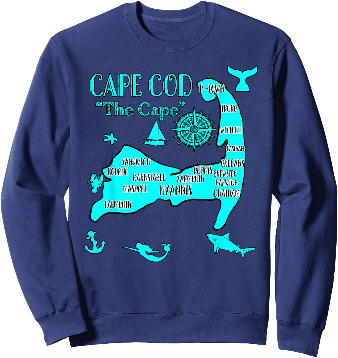 Cape Cod Aqua Blue Nautical Symbols Fish Map Sweatshirt - Sweatshirt | Navy