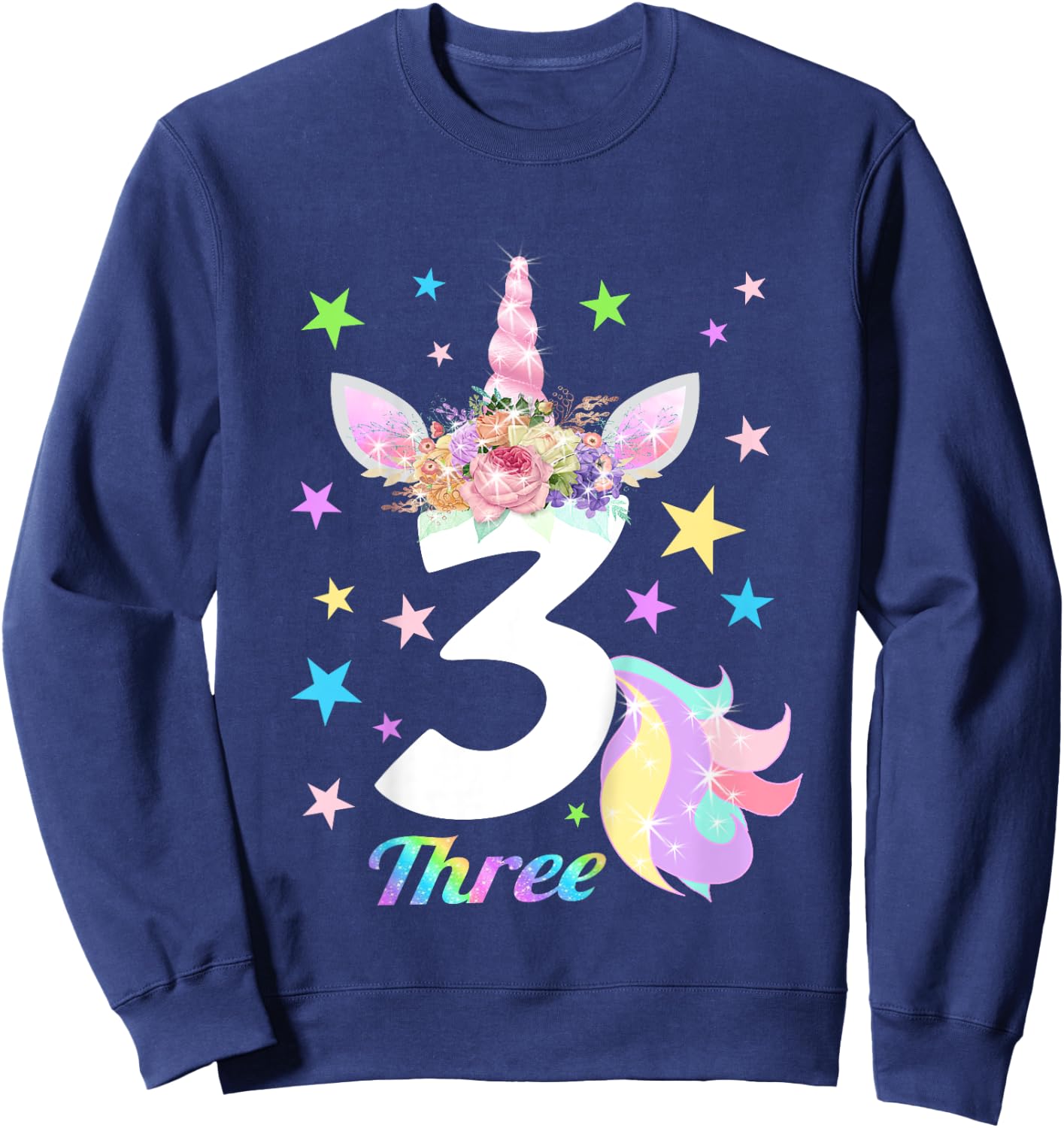 Number 3 (Three) 3 Year Old Unicorn 3rd Birthday Shirt Sweatshirt - Sweatshirt | Navy