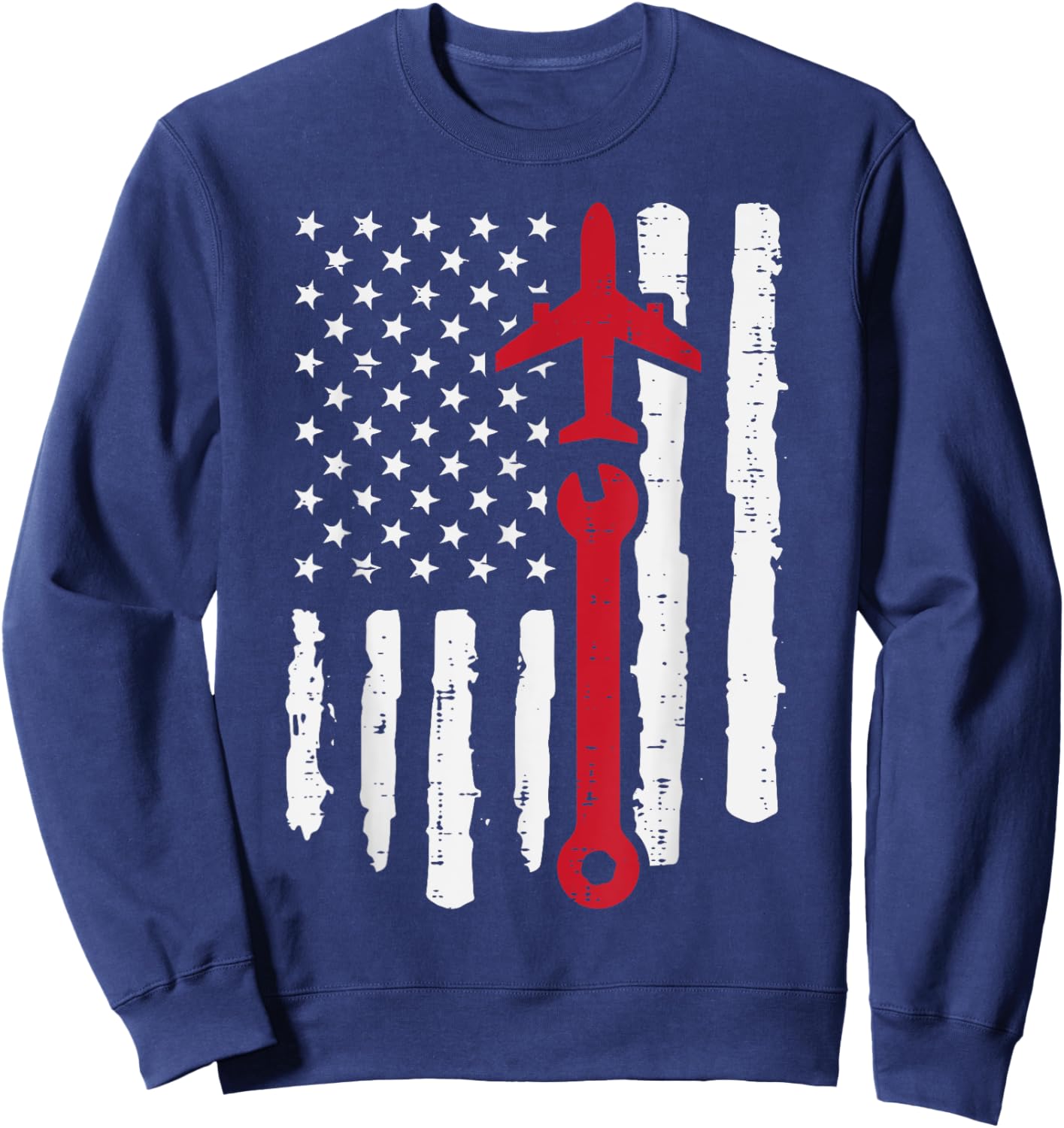 US Flag Airplane Wrench Aircraft Mechanic Patriot Men Women Sweatshirt - Sweatshirt | Navy