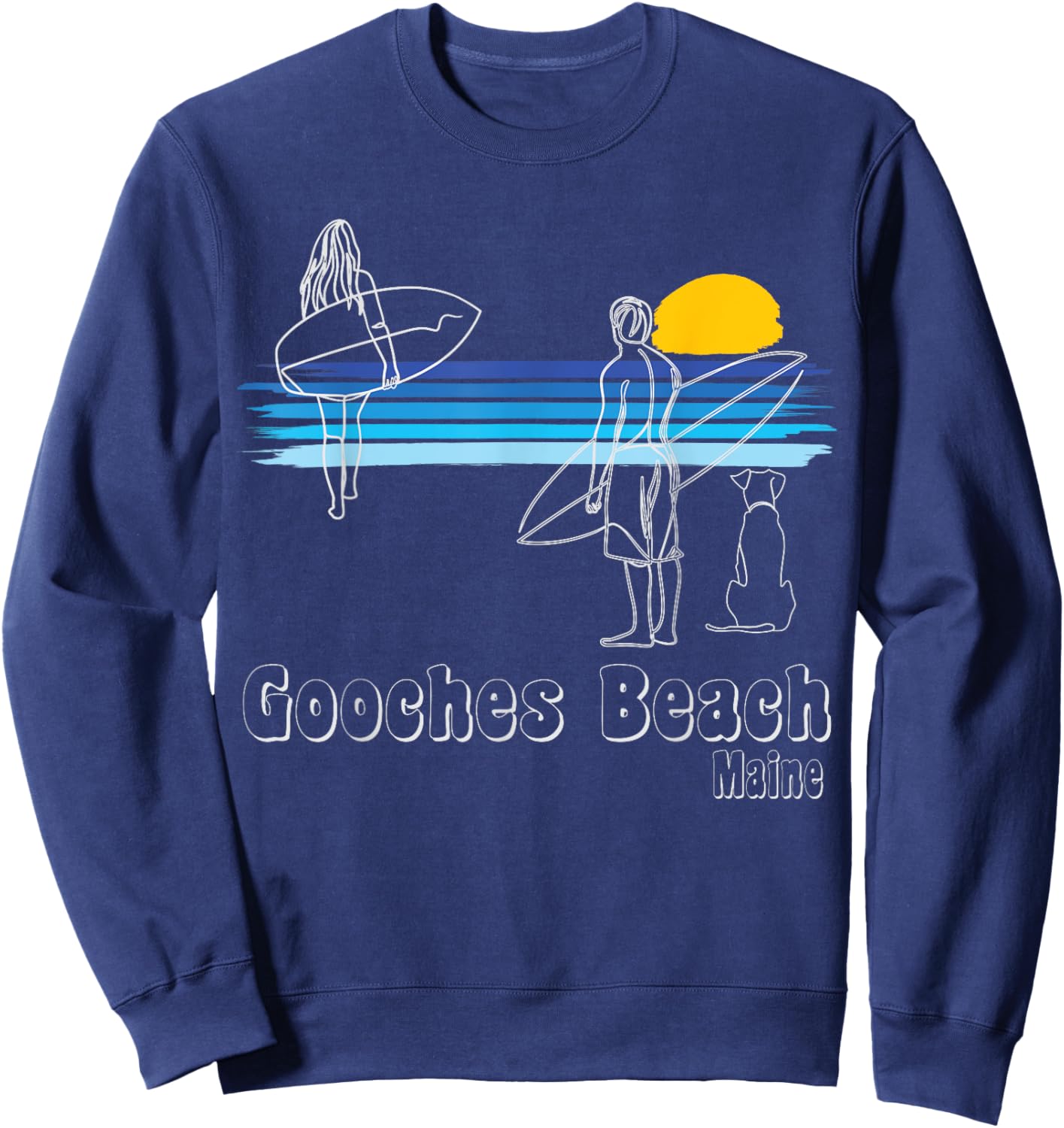 Gooches Beach Maine Surf Guy, Girl with dog Surfing Sweatshirt - Sweatshirt | Navy