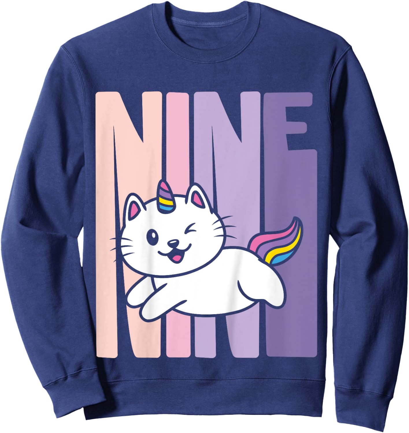 9 Year Old Cute Caticorn Cat Unicorn Birthday Girl B-day Sweatshirt - Sweatshirt | Navy